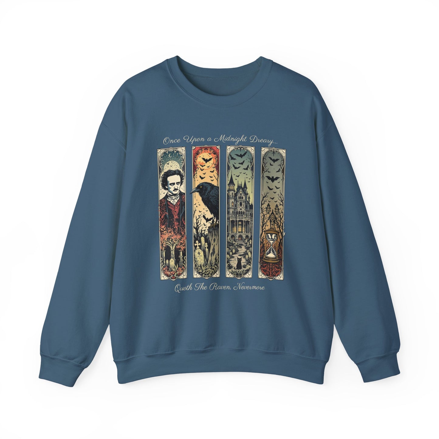 Edgar Allan Poe Sweatshirt The Raven Nevermore Gothic Horror Sweater Dark Academia Macabre Halloween Gift for Book Lovers Birthday Christmas Sweatshirt Printify Indigo Blue S