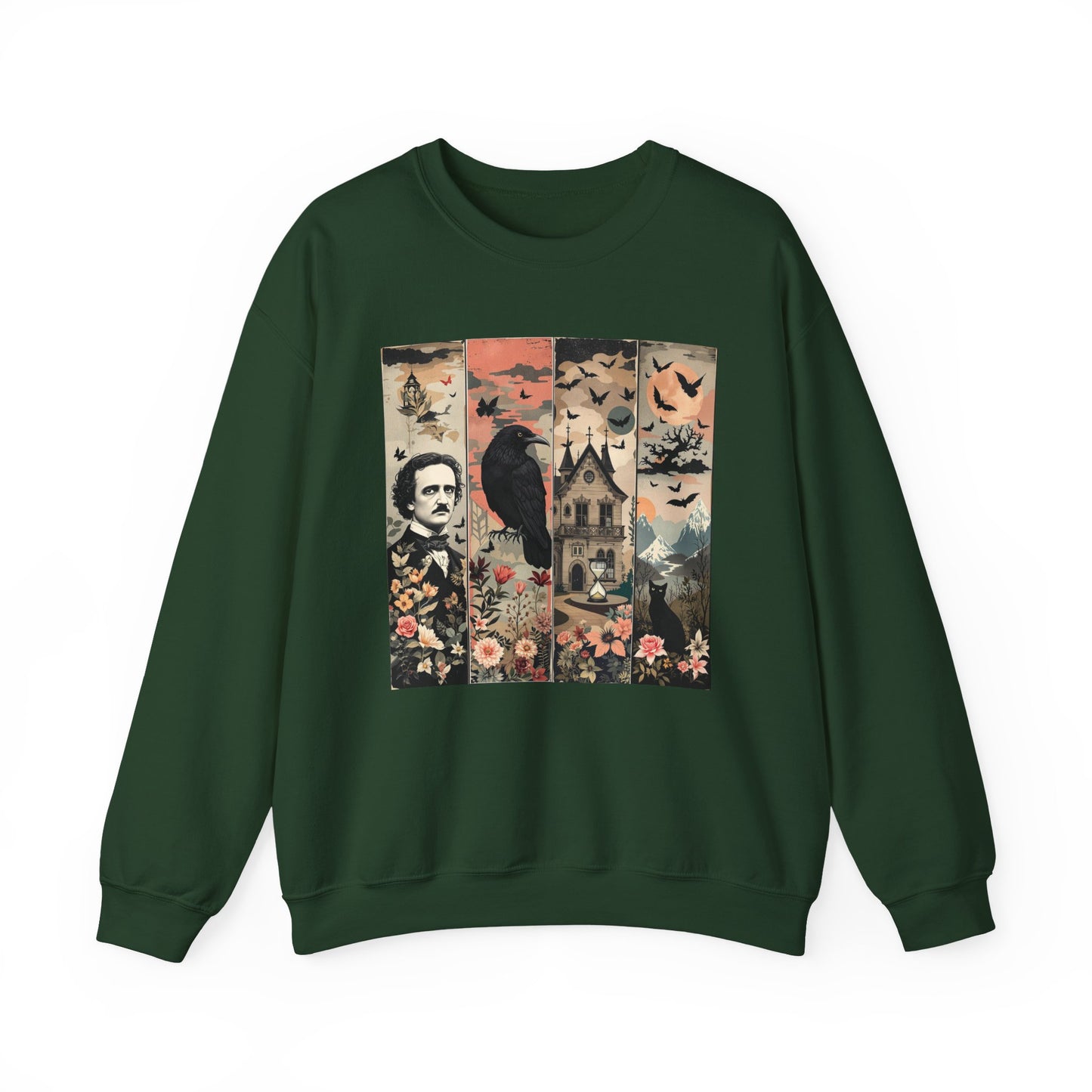 Edgar Allan Poe Sweatshirt The Raven Nevermore Gothic Horror Sweater Dark Academia Macabre Halloween Gift for Book Lovers Birthday Christmas Sweatshirt Printify Forest Green S