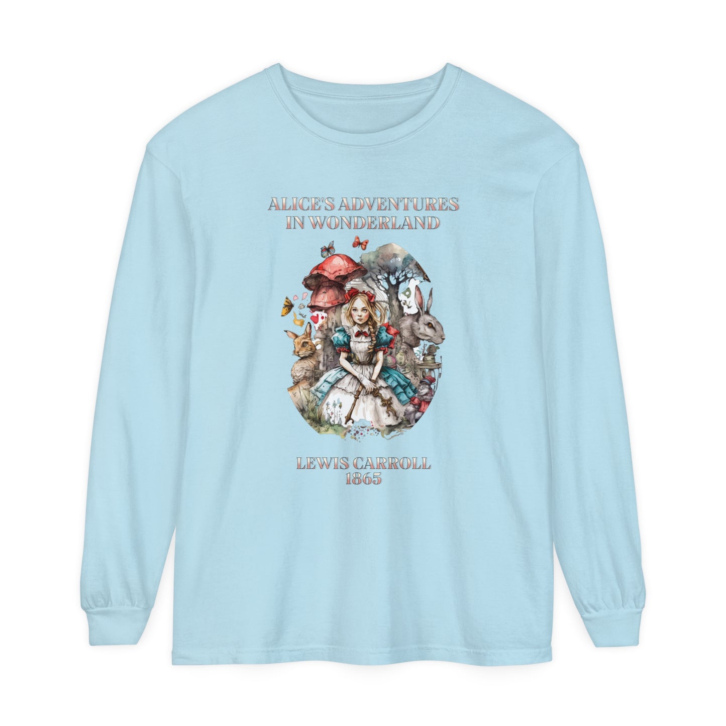 Alice in Wonderland Vintage Long Sleeve Shirt, Lewis Carroll Dark Academia TShirt, Mad Hatter Tea Party Queen of Hearts Bookish Booktok Gift Long-sleeve Printify Chambray S