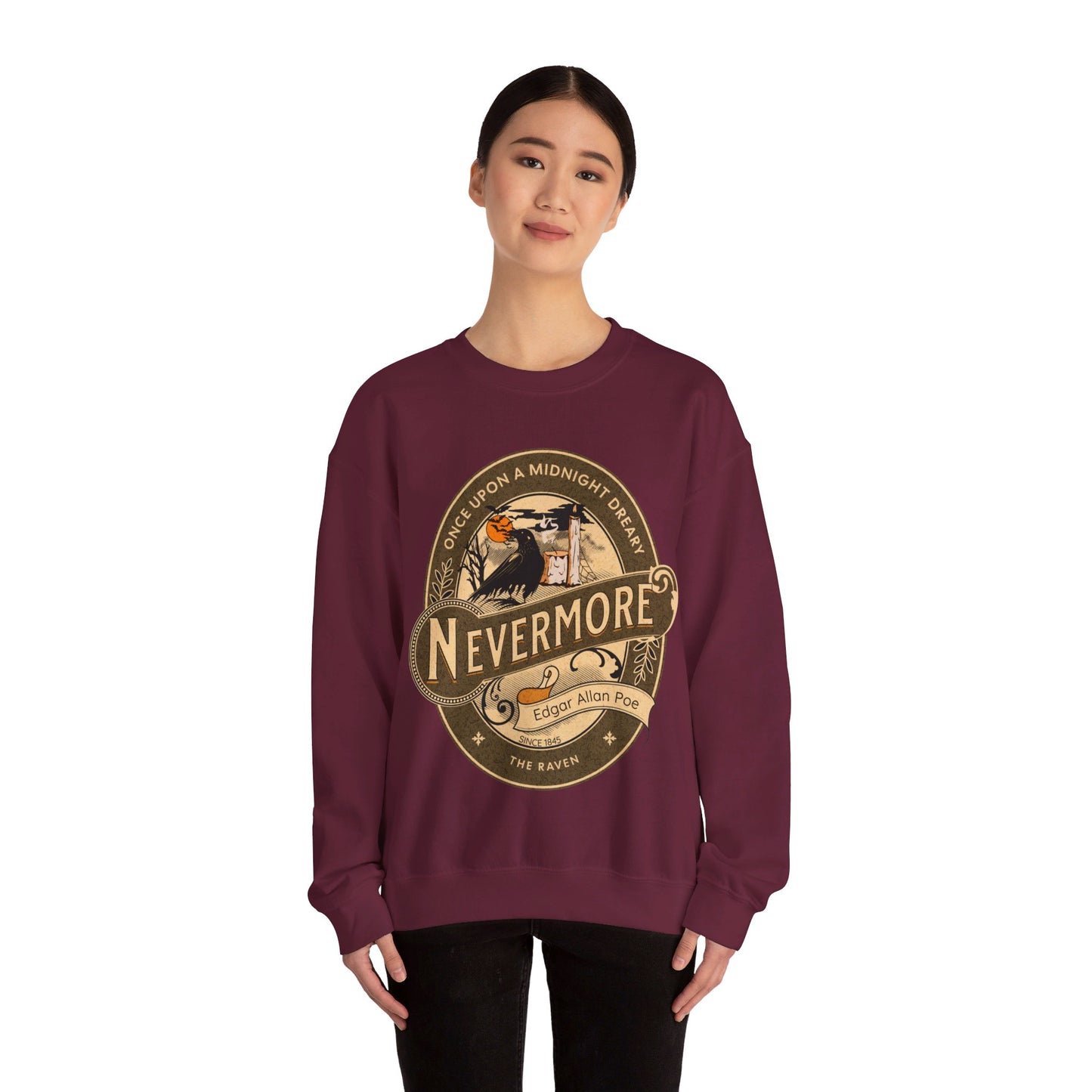 Edgar Allan Poe, Nevermore The Raven Sweatshirt, Book Lover, Halloween, Haunting Gothic Gift, Light, Dark Academia, Horror Movie Sweater Sweatshirt Printify