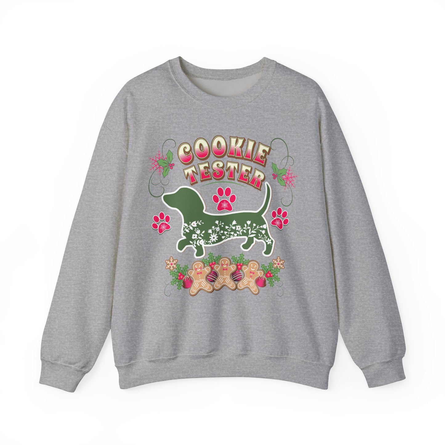 Christmas Dachshund Lover Baking Sweatshirt, Doxie Cookie Tester XMas T-Shirt, Dog Lover Shirt, Matching Family Christmas Cookie Baking Gift Sweatshirt Printify S Sport Grey