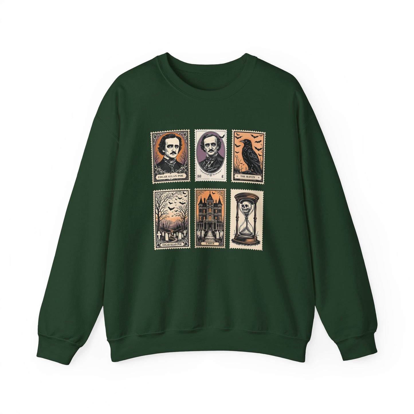 Edgar Allan Poe Sweatshirt The Raven Nevermore Gothic Horror Sweater Dark Academia Macabre Halloween Gift for Book Lovers Birthday Christmas Sweatshirt Printify Forest Green S