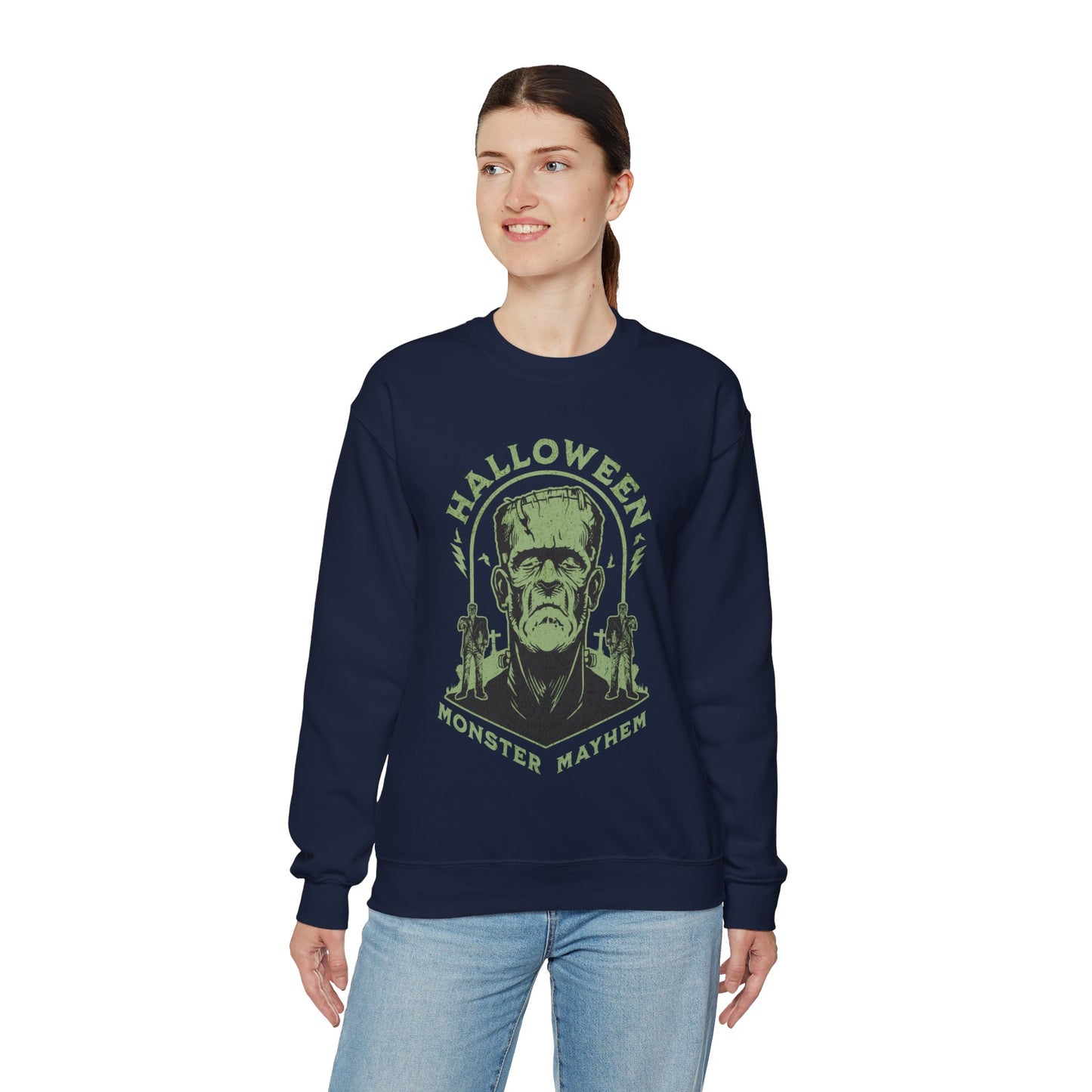 Vintage Halloween Frankenstein Monster Graphic Sweatshirt, Creepy Spooky Book Lover Gift, Horror Movie, Fall Festival Party Sweater. Sweatshirt Printify