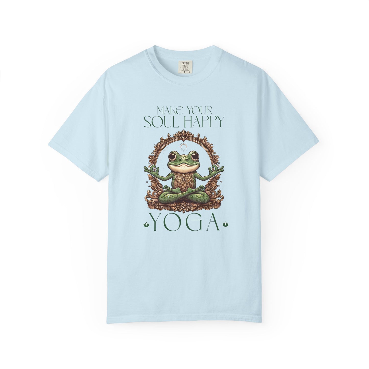 Green Yoga Frog Make Your Soul Happy Unisex T-Shirt, Casual Wear, Highlander Fan Gift, T-Shirt Printify Chambray S