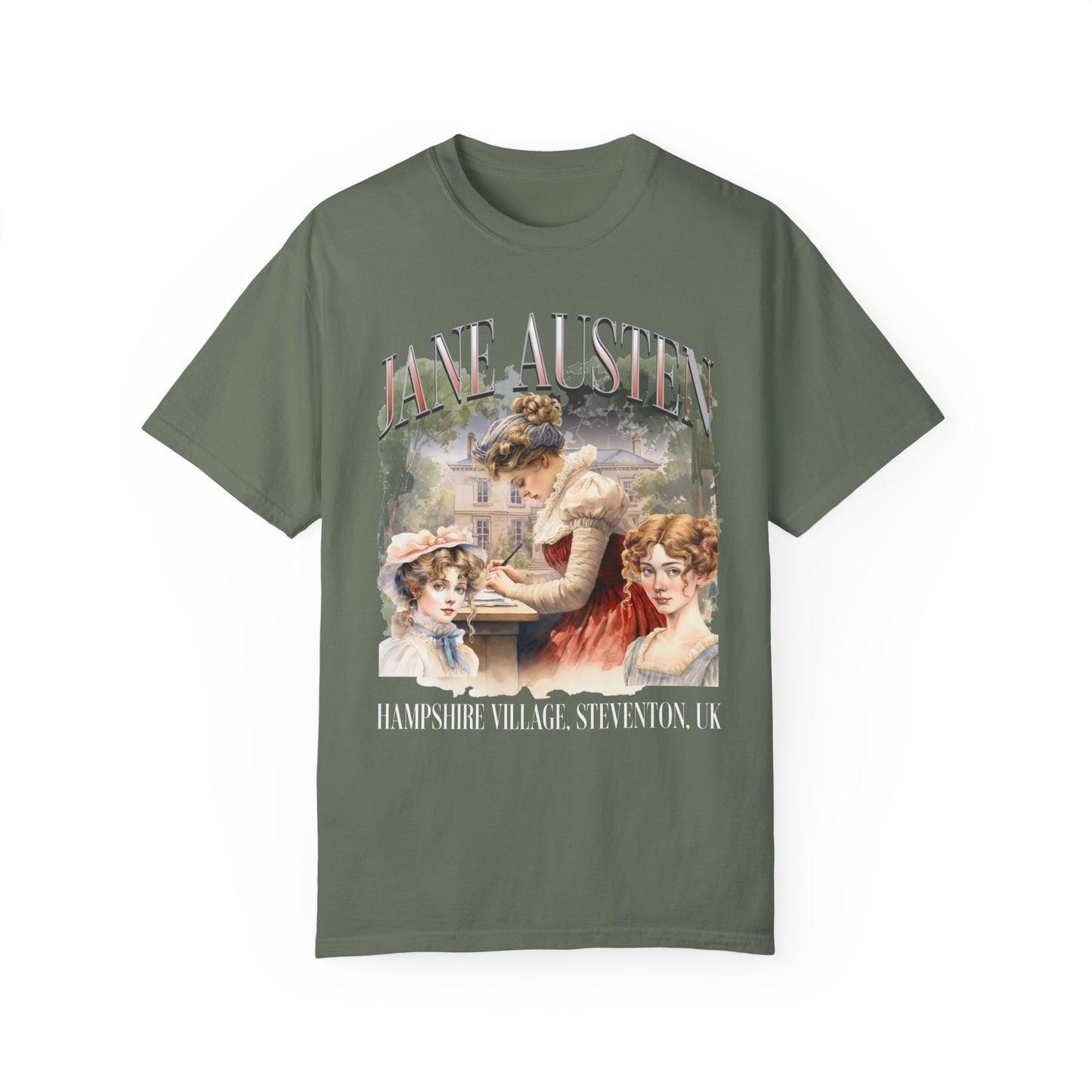 Retro Jane Austen Unisex Garment-Dyed T-shirt T-Shirt Printify Moss S