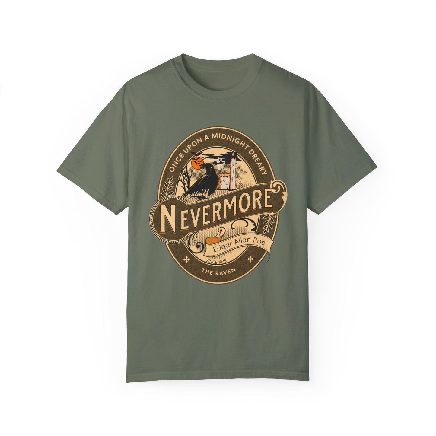 Edgar Allan Poe Shirt, Nevermore The Raven Tee, Book, Reading Lover Shirt, Halloween, Gothic, Light Academia Gifts, Comfort Colours TShirt T-Shirt Printify Moss S