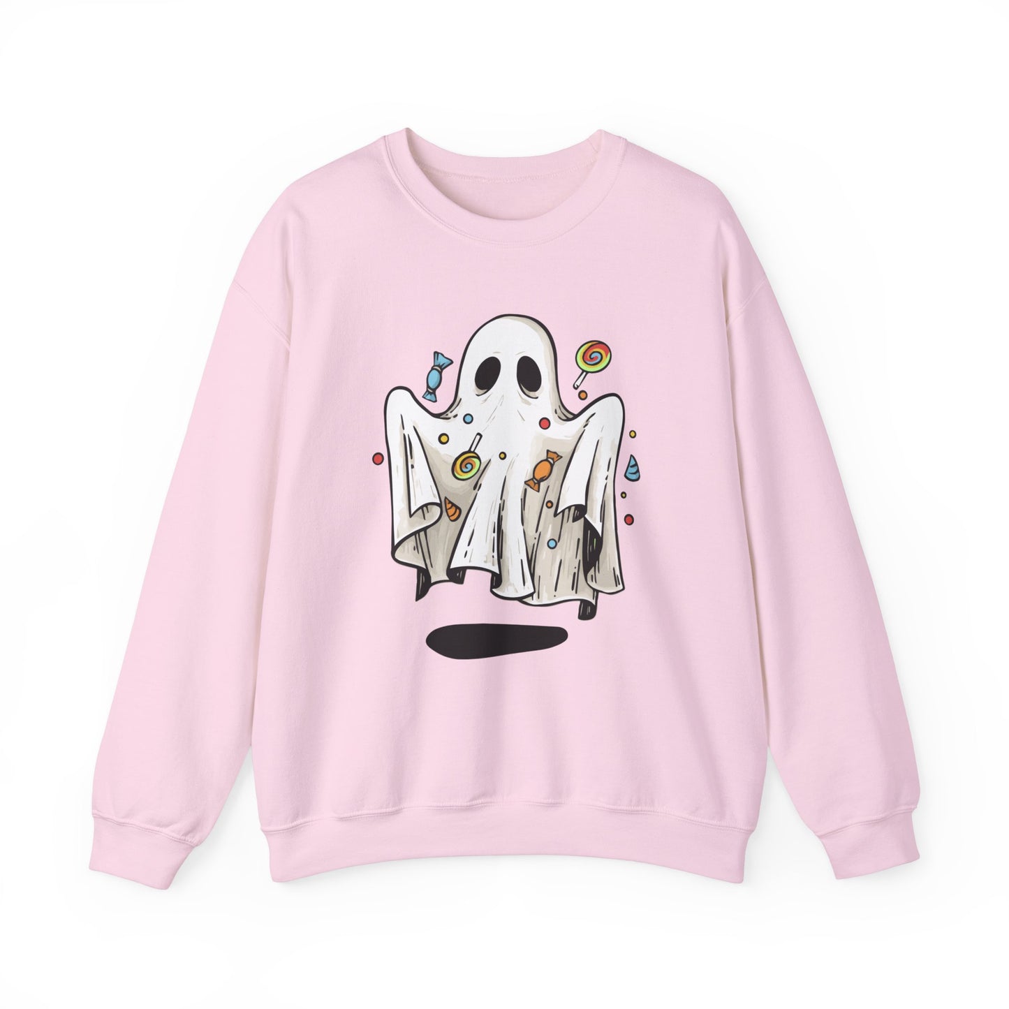 Cute Halloween Ghost Floating, Covered in Candy Sweatshirt, Trick or Treat Shirt, Spooky Ghost Season, Fun Halloween Party, Festival Sweater Sweatshirt Printify S Light Pink