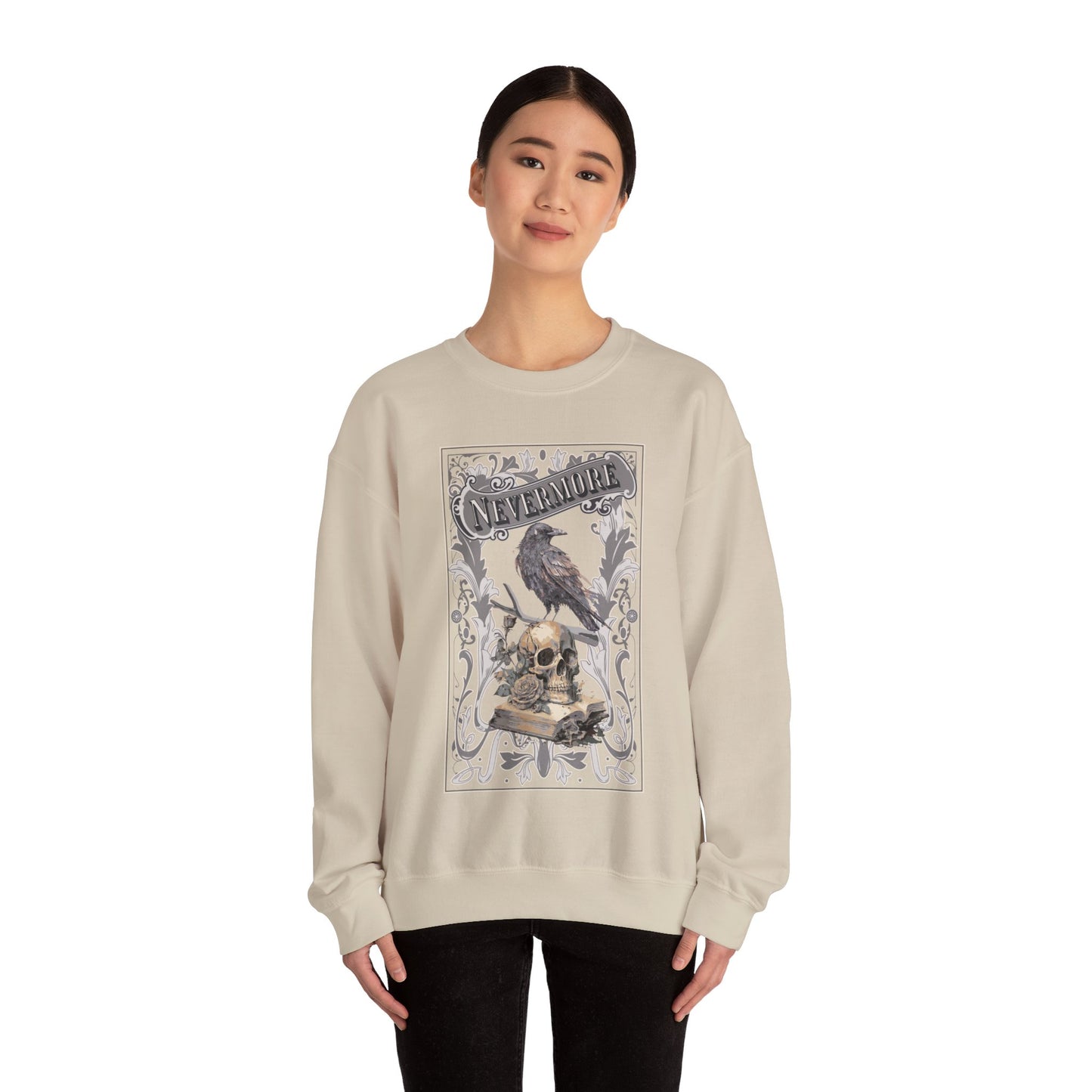 Edgar Allan Poe, Nevermore The Raven Sweatshirt, Book Lover, Halloween, Haunting Gothic Gift, Light, Dark Academia, Horror Movie Sweater Sweatshirt Printify