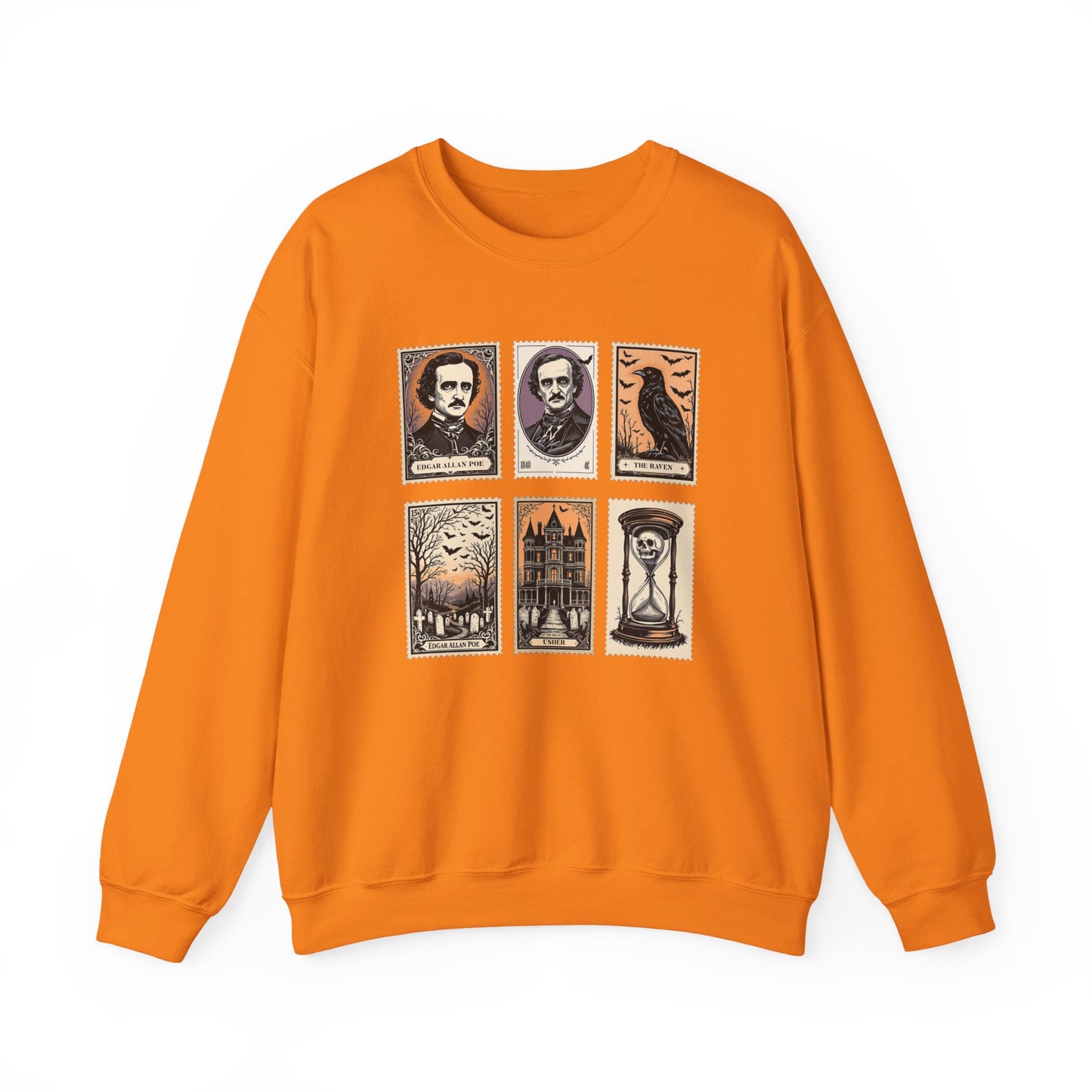 Edgar Allan Poe Sweatshirt The Raven Nevermore Gothic Horror Sweater Dark Academia Macabre Halloween Gift for Book Lovers Birthday Christmas Sweatshirt Printify Safety Orange S