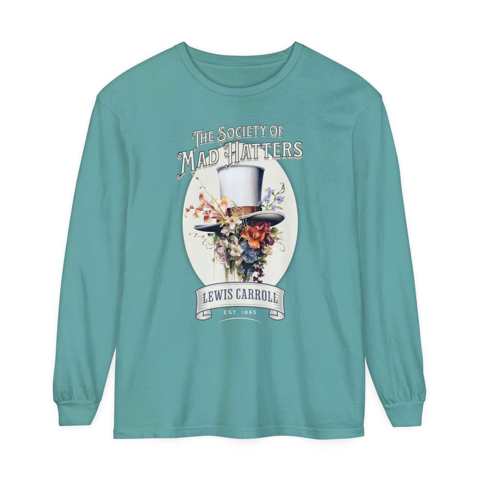 Alice in Wonderland Long Sleeve Shirt, Vintage Lewis Carroll The Mad Hatter TShirt, Tea Party, Queen of Hearts Bookish Booktok Academia Gift Long-sleeve Printify Seafoam S