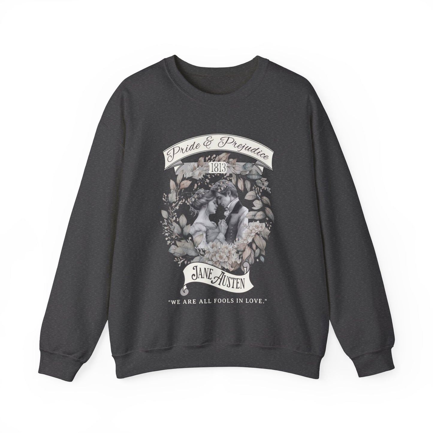 Jane Austen Sweatshirt, Pride & Prejudice Historical Romance Sweater, Bookish Literary Jane Austen Fan Art Gift, Gift for Her, Readers, Sweatshirt Printify S Dark Heather