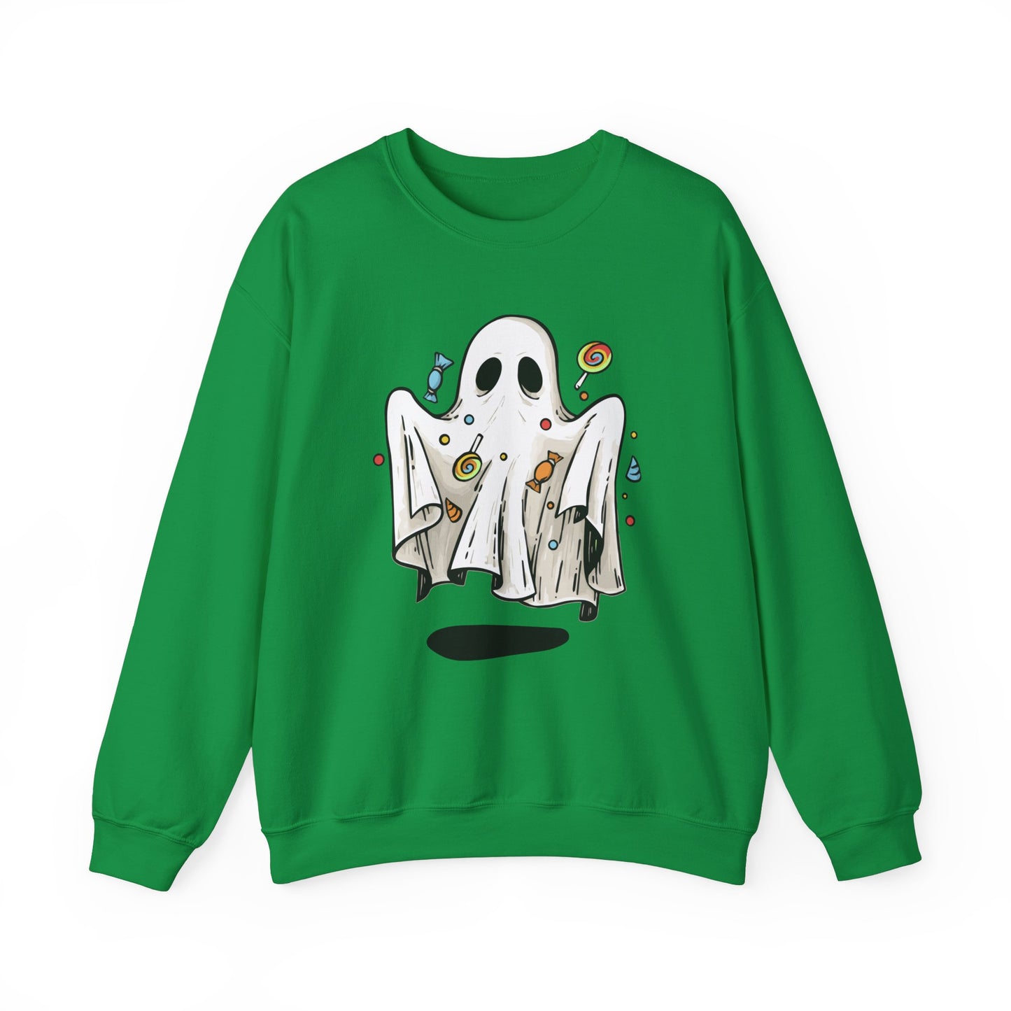 Cute Halloween Ghost Floating, Covered in Candy Sweatshirt, Trick or Treat Shirt, Spooky Ghost Season, Fun Halloween Party, Festival Sweater Sweatshirt Printify S Irish Green
