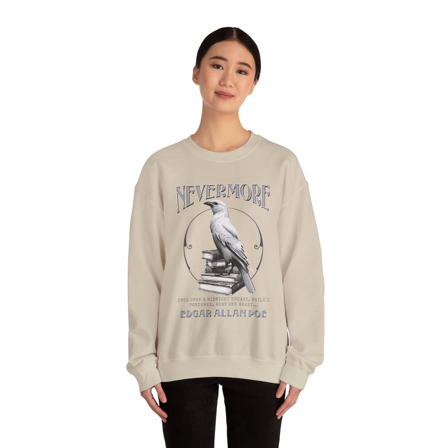 The White Raven Edgar Allan Poe Nevermore Sweatshirt Book Lover Halloween Haunting Gothic Gift Light Dark Academia Horror Movie Bookclub Sweater Sweatshirt Printify