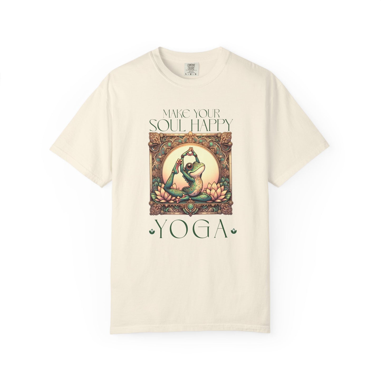 Green Yoga Frog Make Your Soul Happy Unisex T-Shirt, Casual Wear, Highlander Fan Gift, T-Shirt Printify Ivory S