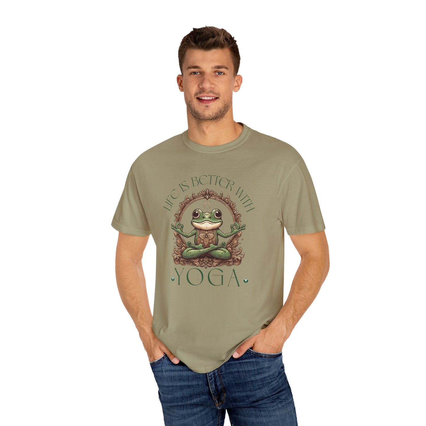 Green Yoga Frog Life Is Better With Yoga Unisex T-Shirt, Casual Wear, Highlander Fan Gift, T-Shirt Printify