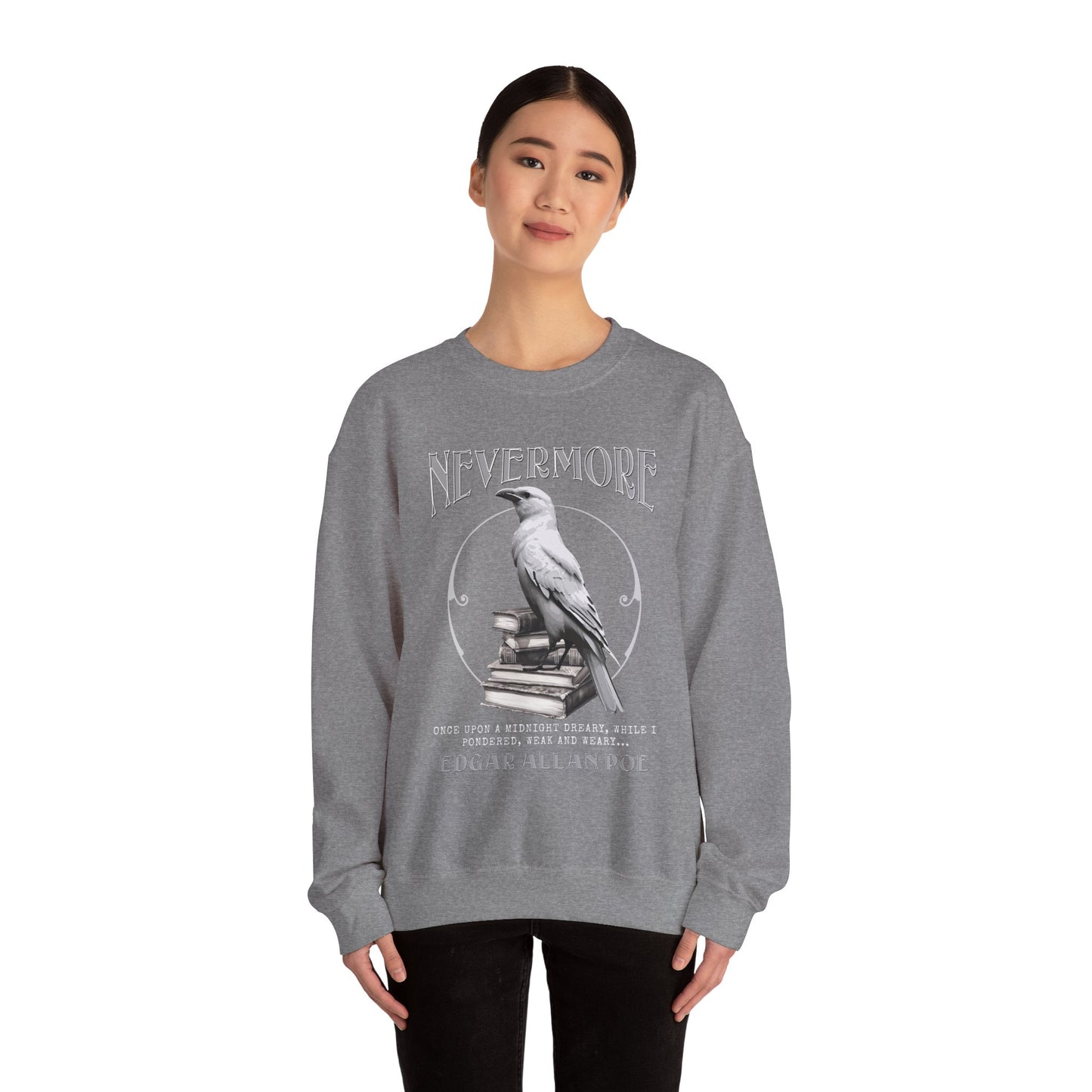 The White Raven Edgar Allan Poe Nevermore Sweatshirt Book Lover Halloween Haunting Gothic Gift Light Dark Academia Horror Movie Bookclub Sweater Sweatshirt Printify