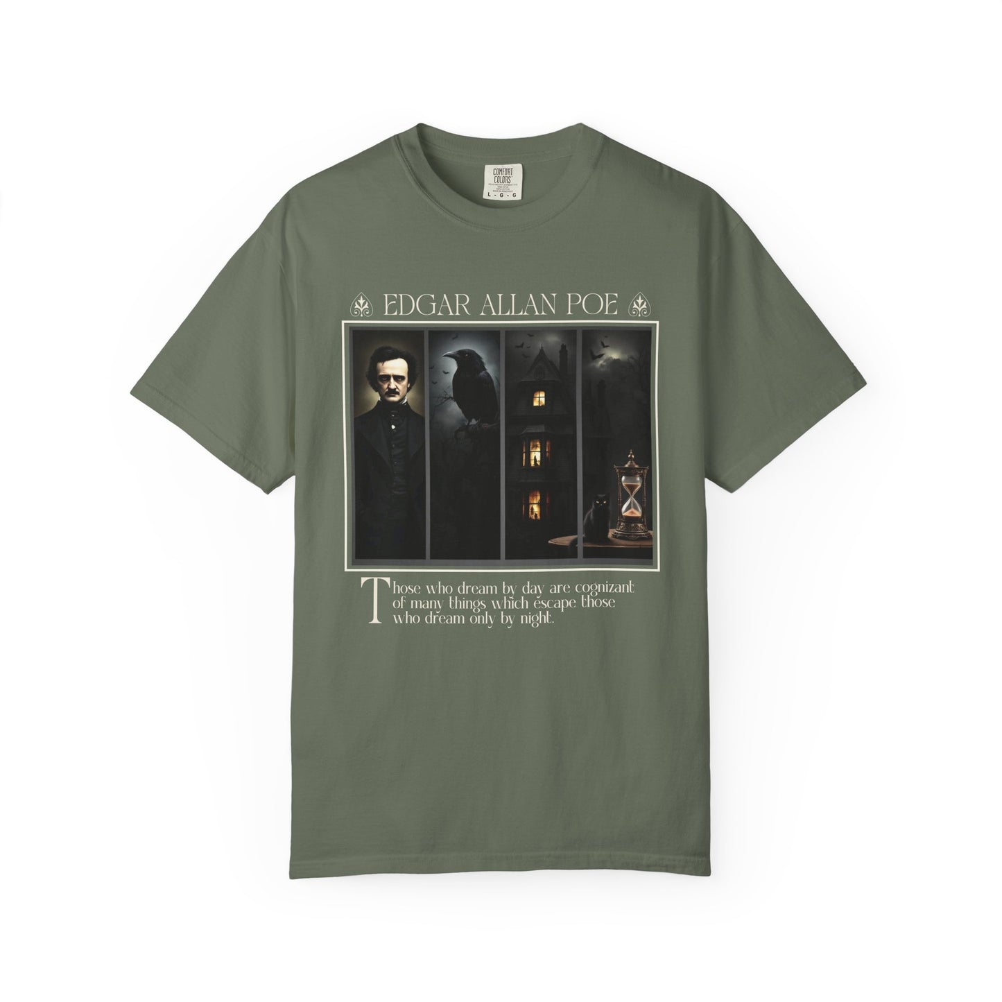 Edgar Allan Poe T-Shirt Gothic Graphic Tee The Raven Nevermore Quote Horror Literature Shirt Dark Academia Aesthetic Halloween Party Gift T-Shirt Printify Moss S