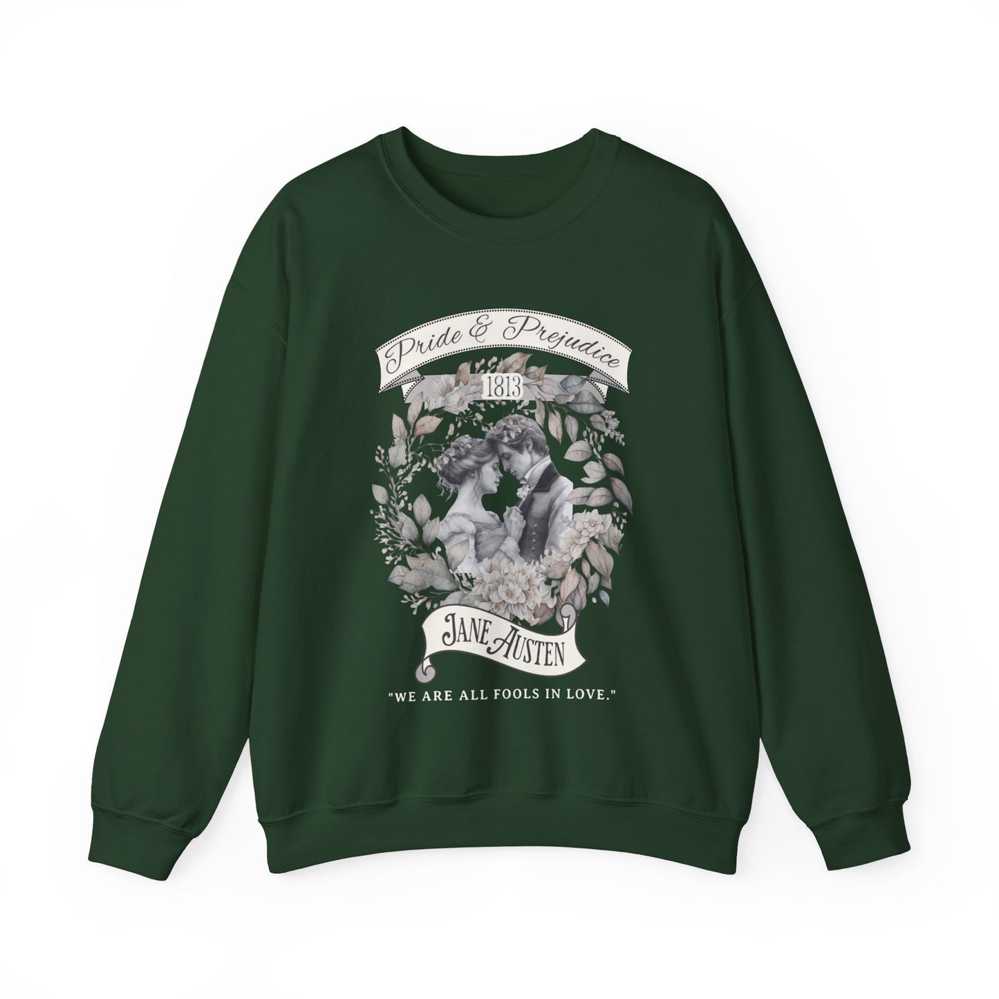 Jane Austen Sweatshirt, Pride & Prejudice Historical Romance Sweater, Bookish Literary Jane Austen Fan Art Gift, Gift for Her, Readers, Sweatshirt Printify S Forest Green