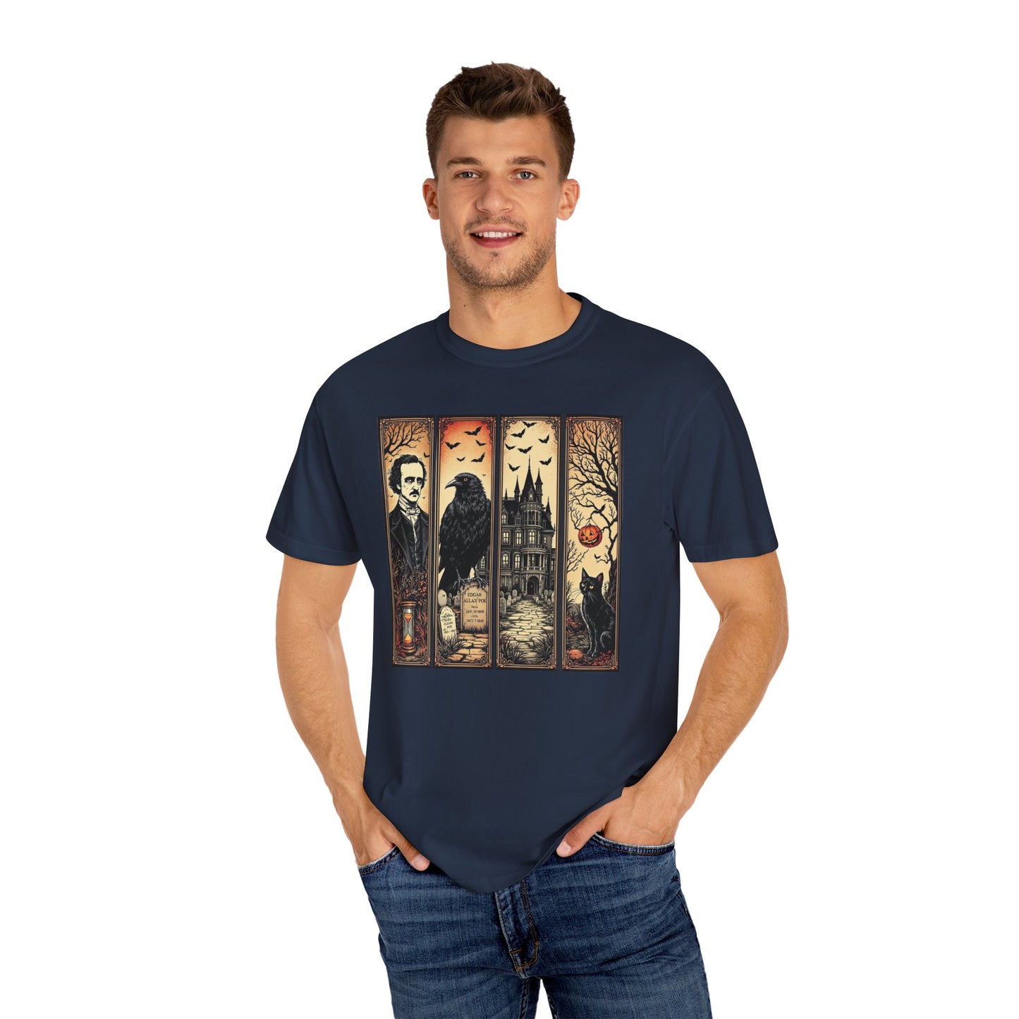 Edgar Allan Poe T-Shirt Gothic Graphic Tee The Raven Nevermore Quote Horror Literature Shirt Dark Academia Aesthetic Halloween Party Gift