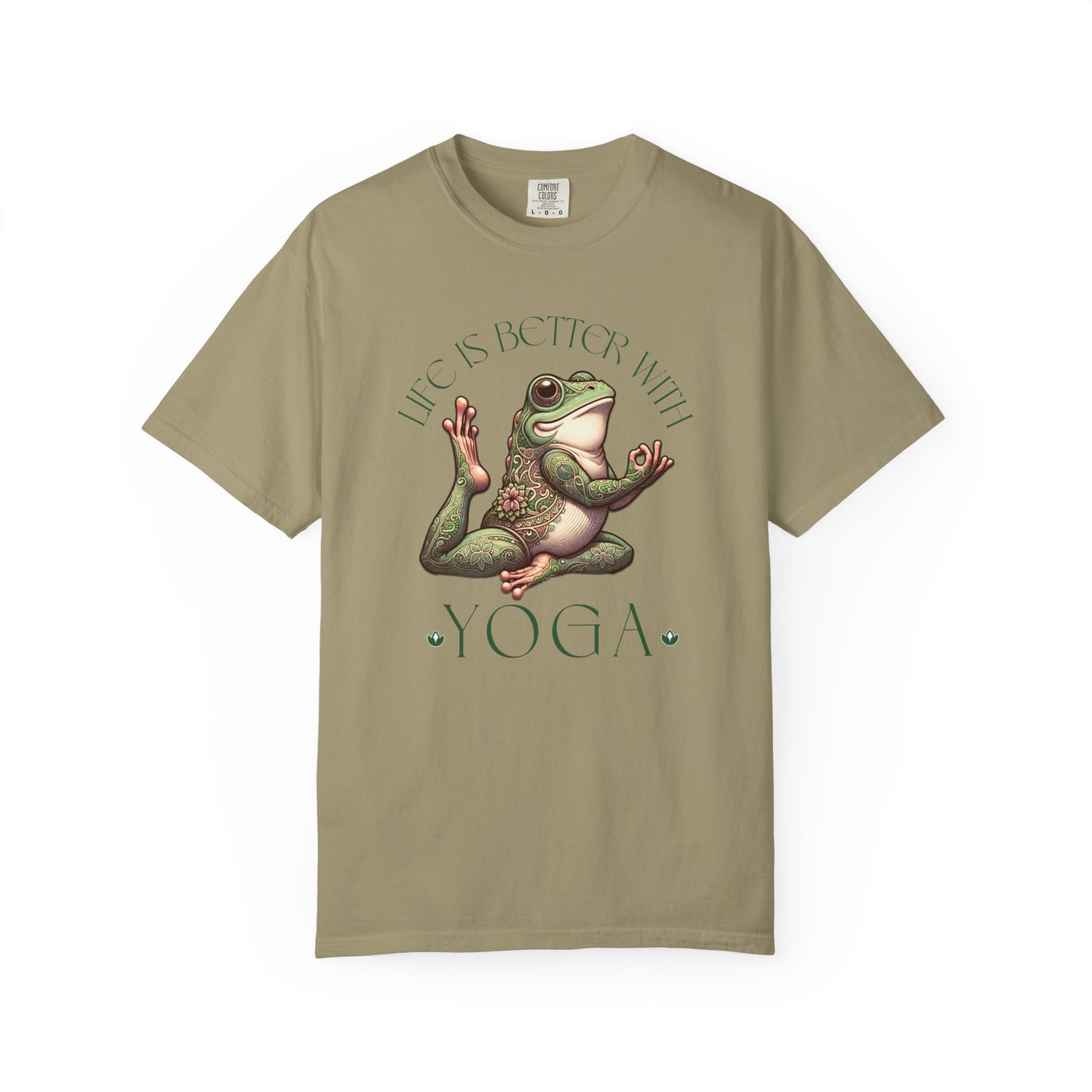 Green Yoga Frog Life Is Better With Yoga Unisex T-Shirt, Casual Wear, Highlander Fan Gift, T-Shirt Printify Khaki S