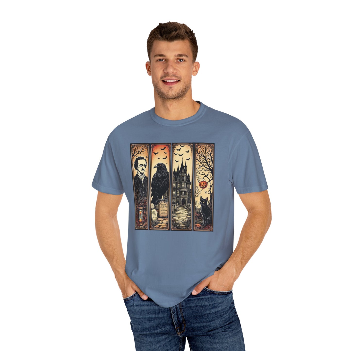 Edgar Allan Poe T-Shirt Gothic Graphic Tee The Raven Nevermore Quote Horror Literature Shirt Dark Academia Aesthetic Halloween Party Gift
