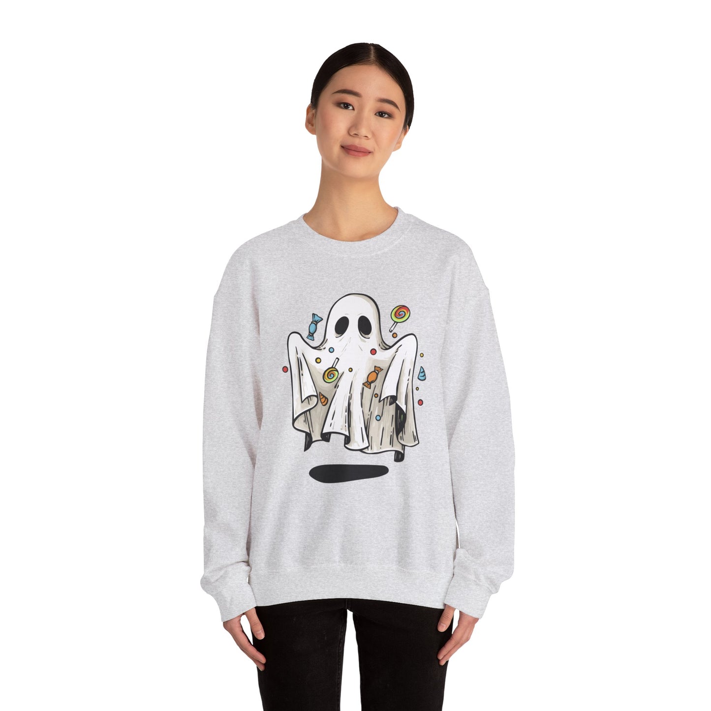 Cute Halloween Ghost Floating, Covered in Candy Sweatshirt, Trick or Treat Shirt, Spooky Ghost Season, Fun Halloween Party, Festival Sweater Sweatshirt Printify