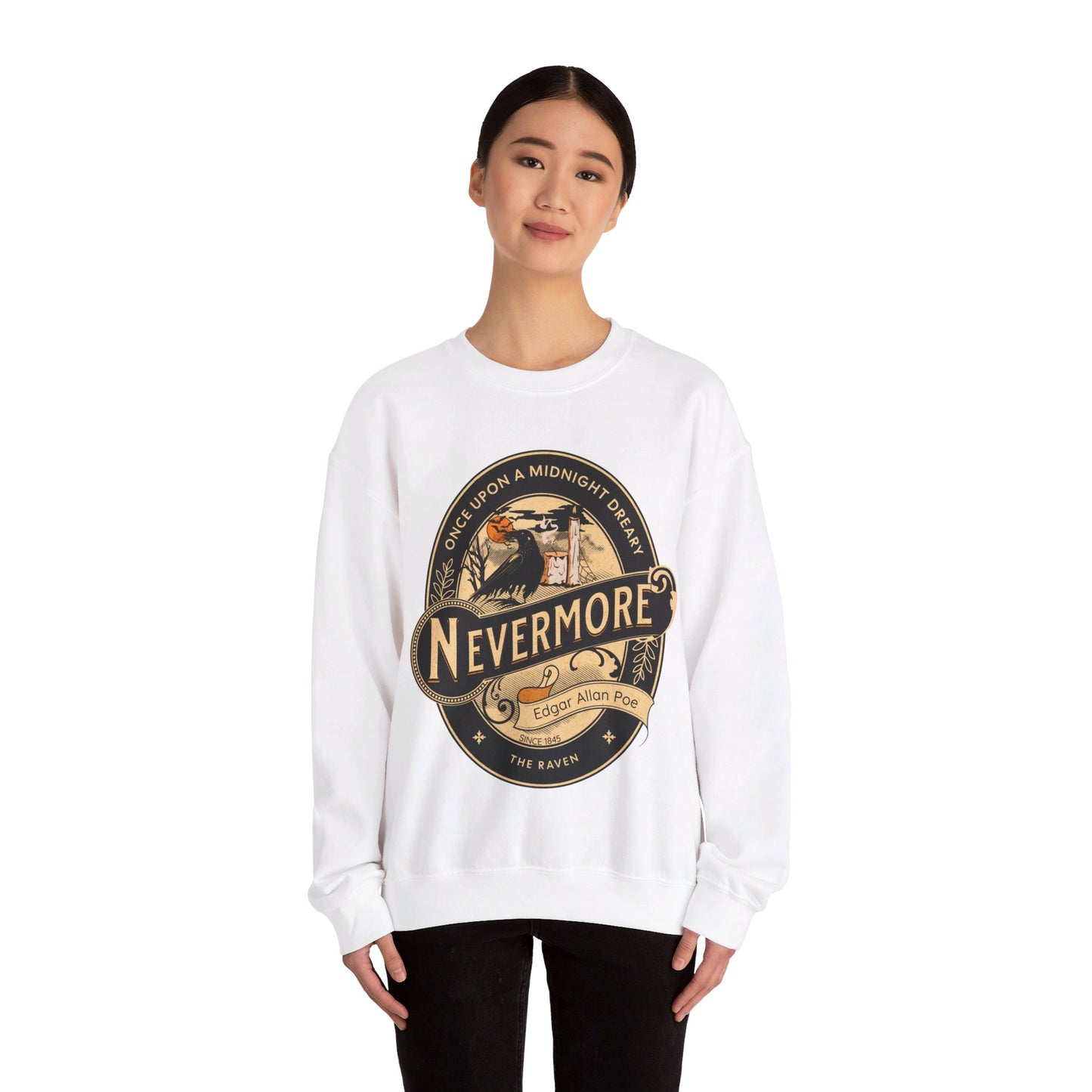 Edgar Allan Poe, Nevermore The Raven Sweatshirt, Book Lover, Halloween, Haunting Gothic Gift, Light, Dark Academia, Horror Movie Sweater Sweatshirt Printify