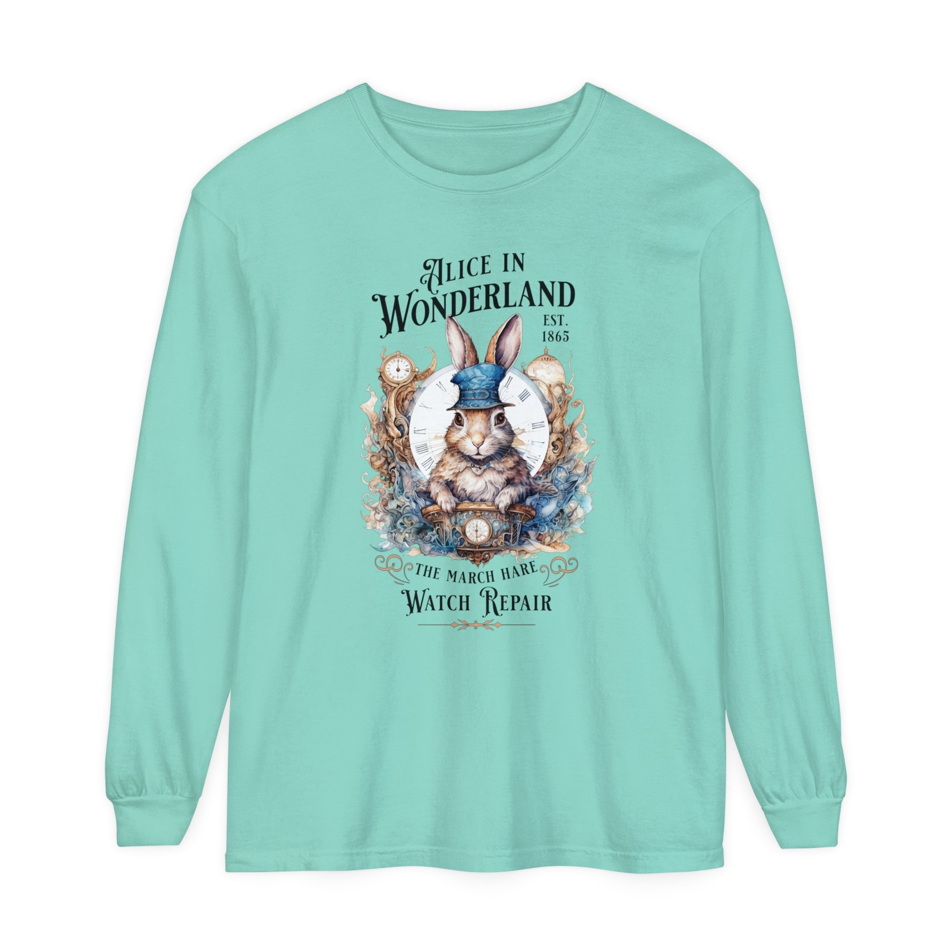 Alice in Wonderland Long Sleeve Shirt, Lewis Carroll Dark Academia TShirt, Mad Hatter Tea Party March Hare White Rabbit Bookish Booktok Gift Long-sleeve Printify Island Reef S