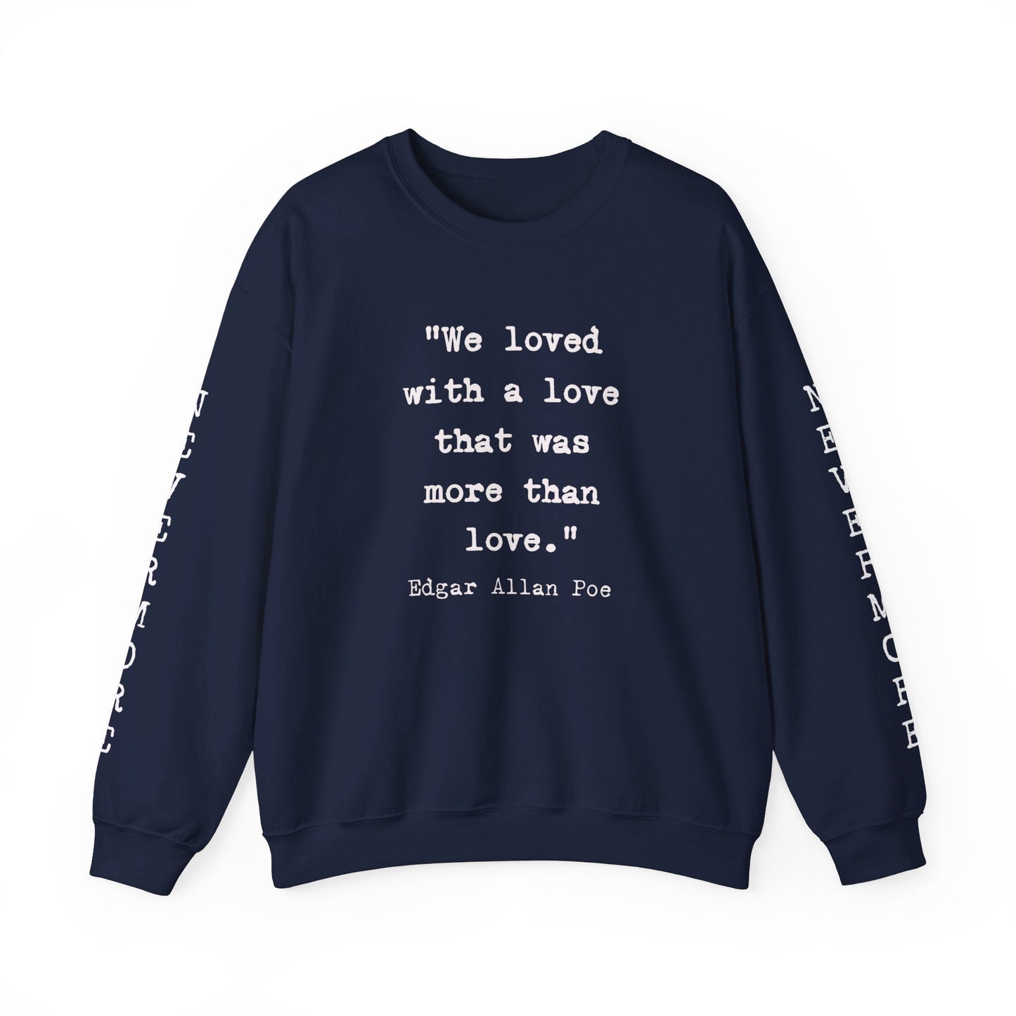 Edgar Allan Poe Sleeve Print Vintage Raven Poem Sweatshirt, Poetry Book Lover Sweater, Haunting Gothic Gift, Light, Dark Academia, Nevermore Sweatshirt Printify S Navy