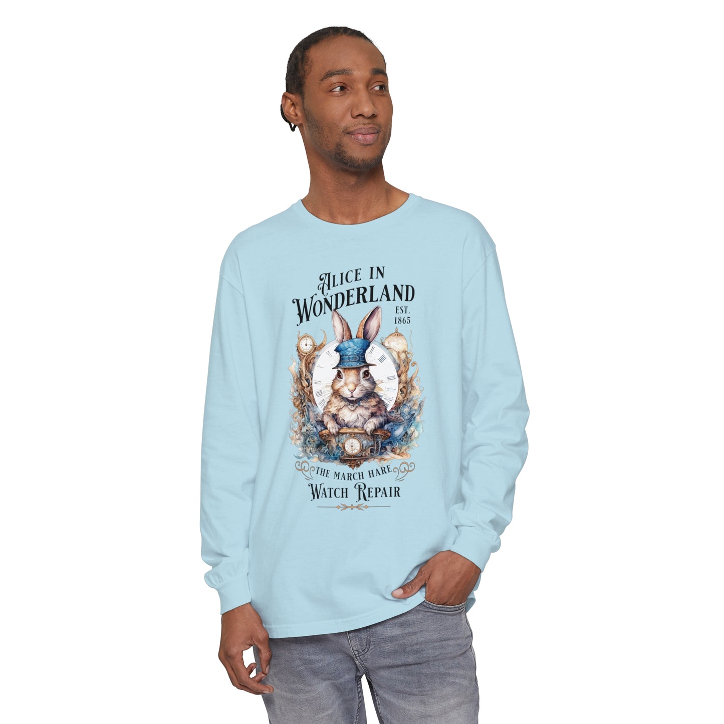 Alice in Wonderland Long Sleeve Shirt, Lewis Carroll Dark Academia TShirt, Mad Hatter Tea Party March Hare White Rabbit Bookish Booktok Gift Long-sleeve Printify
