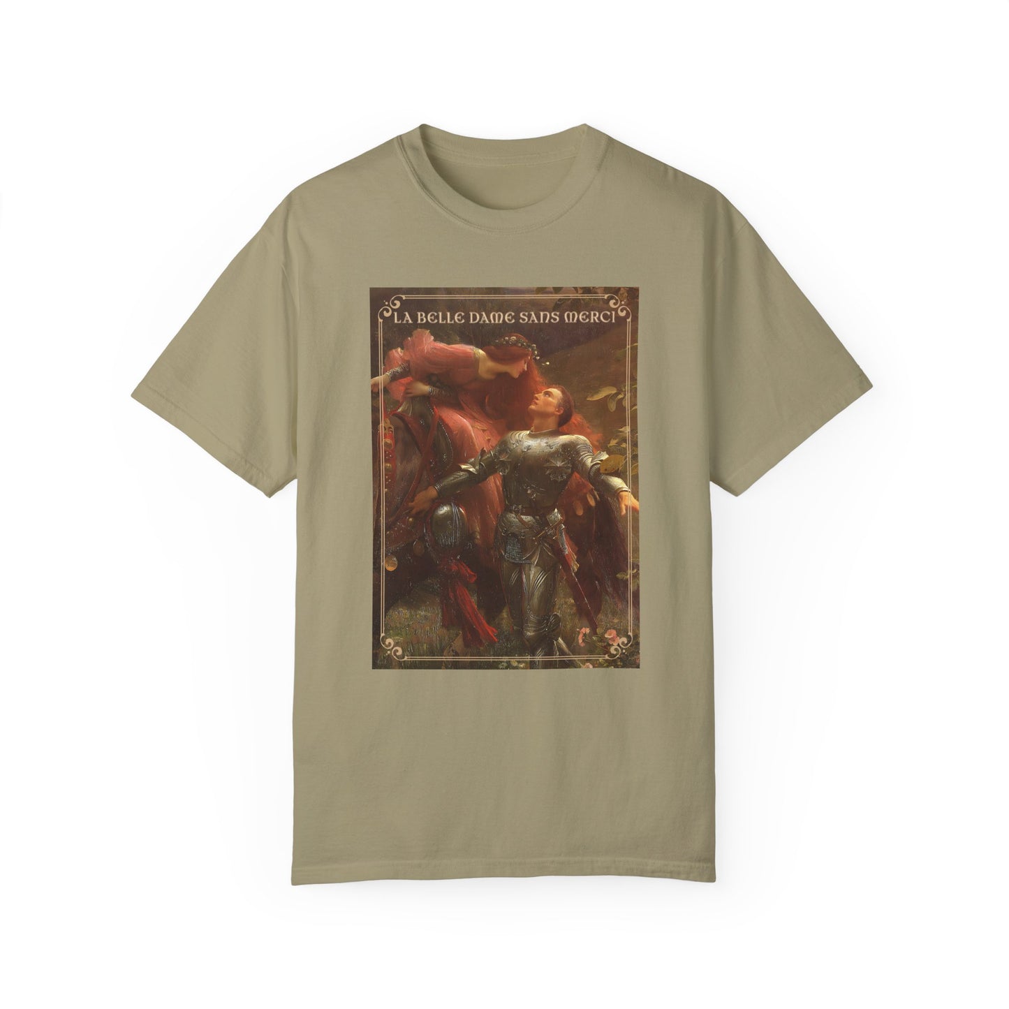 La Belle Dame Sans Merci Print T-Shirt Renaissance Renfaire Theme Merch Perfect Comfortable Medieval Festival Shirt Art History Lover Gift T-Shirt Printify Khaki S