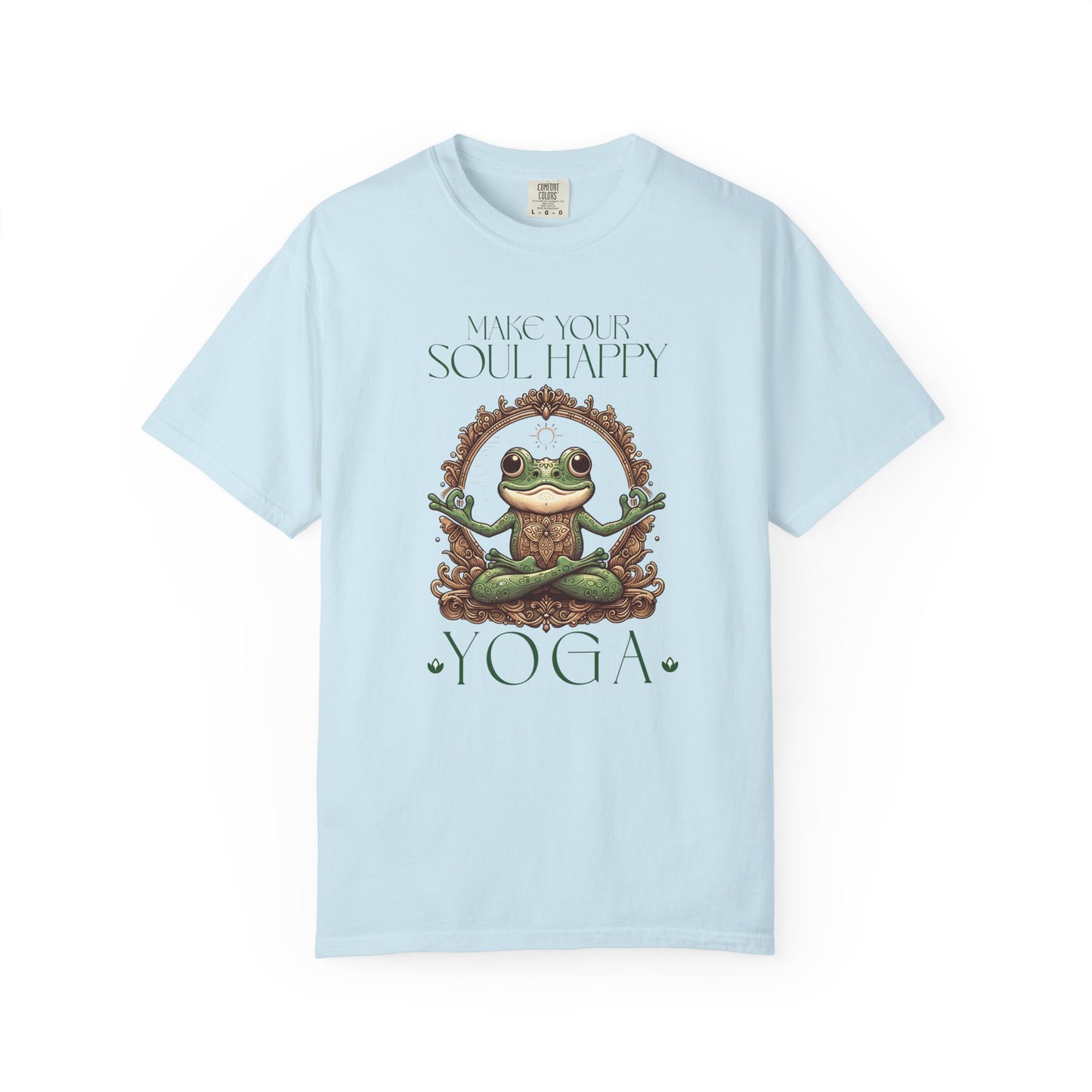 Green Yoga Frog Make Your Soul Happy Unisex T-Shirt, Casual Wear, Highlander Fan Gift, T-Shirt Printify Chambray S