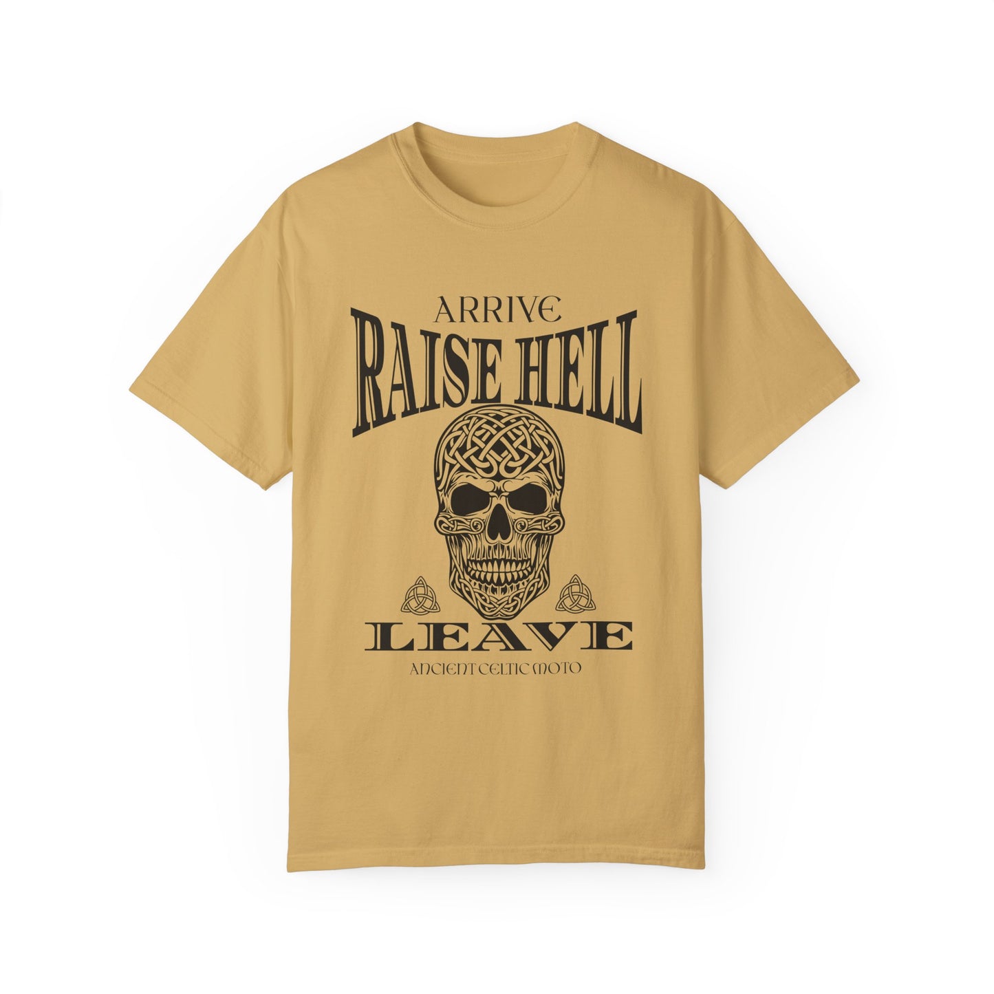 Renfaire Celtic Skull Design T-Shirt Raise Hell Celtic Moto Medieval Renaissance Comfortable Style Tee For Festivals And Music Events T-Shirt Printify Mustard S