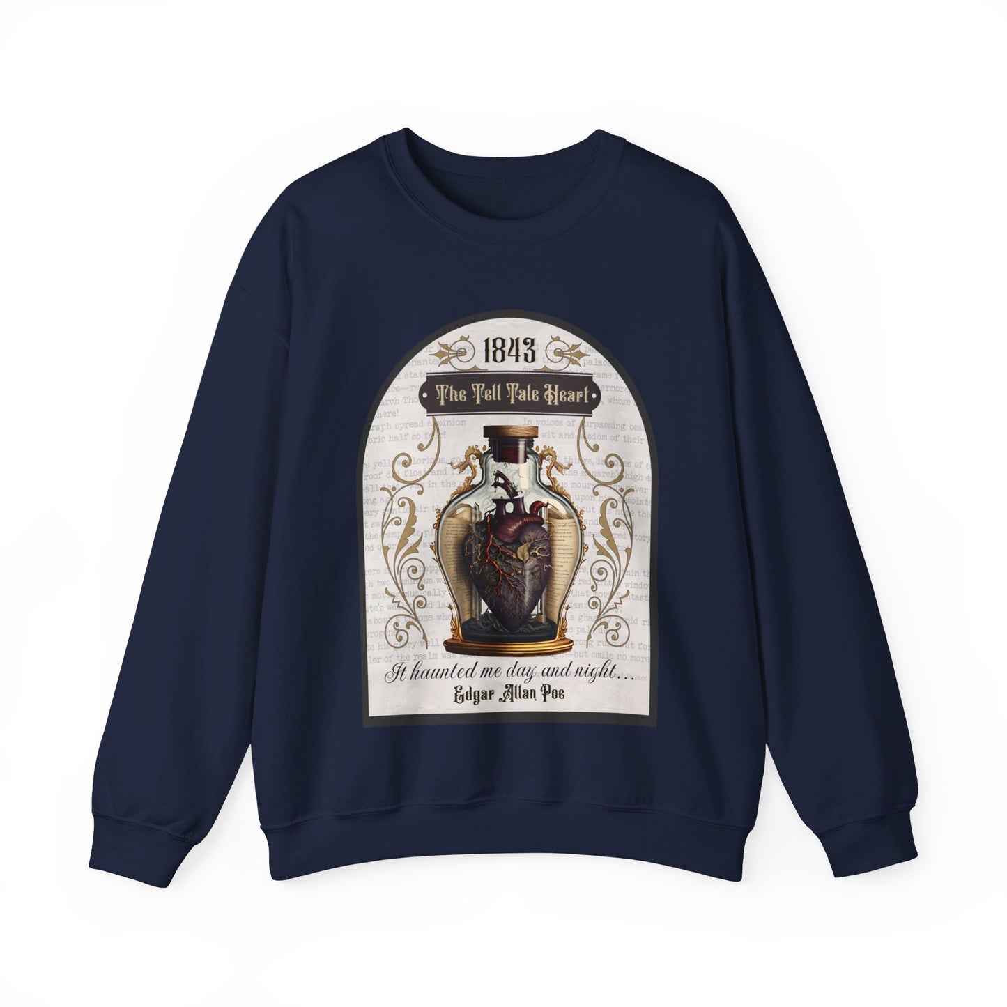 Edgar Allan Poe, The Tell Tale Heart Sweatshirt, Book Lover, Halloween, Haunting Gothic Gift, Light, Dark Academia, Horror Movie Sweater Sweatshirt Printify S Navy