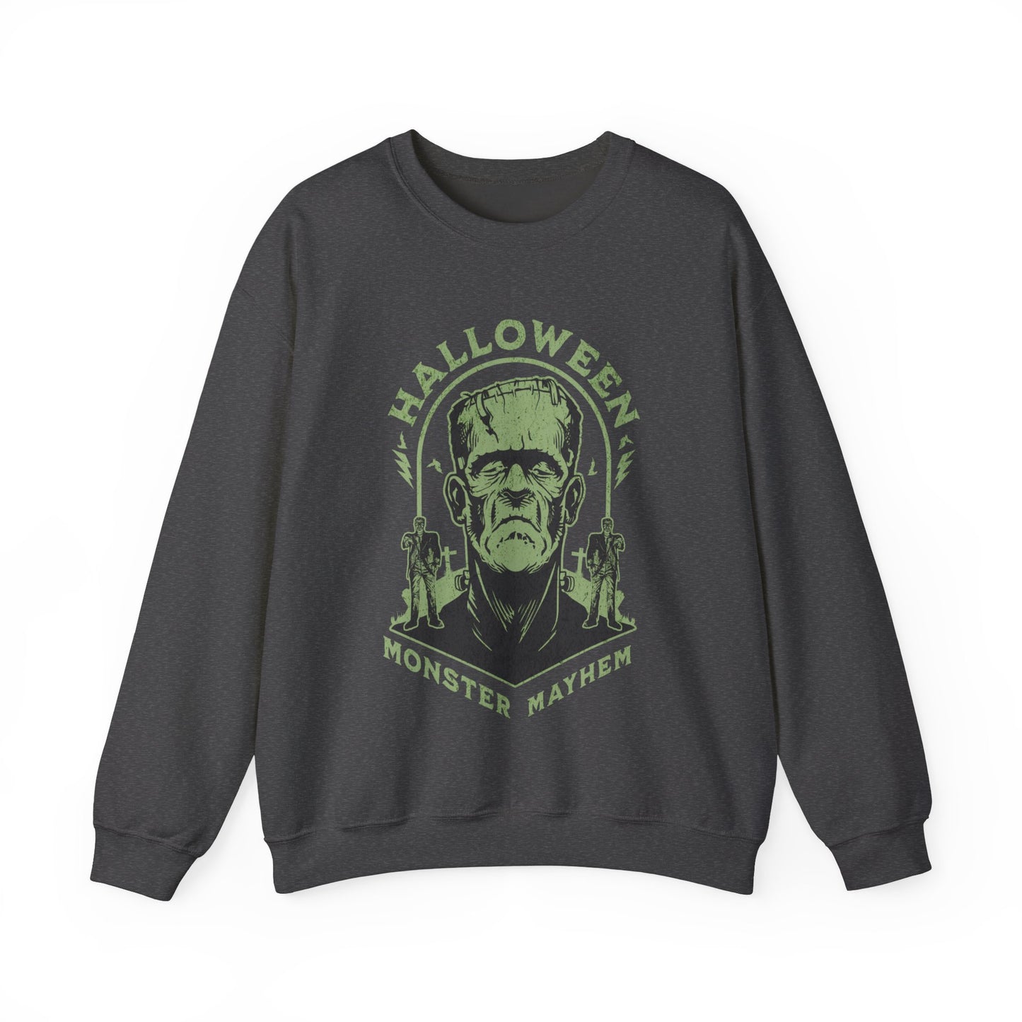 Vintage Halloween Frankenstein Monster Graphic Sweatshirt, Creepy Spooky Book Lover Gift, Horror Movie, Fall Festival Party Sweater. Sweatshirt Printify S Dark Heather
