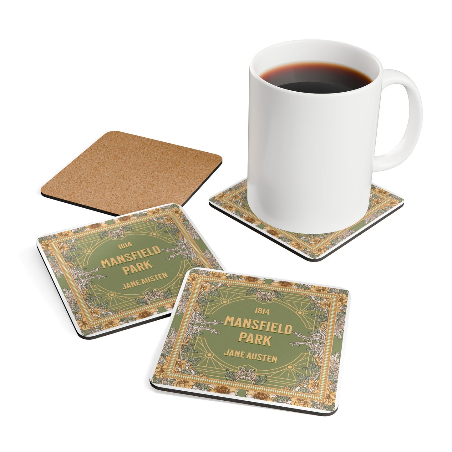 Jane Austen Coffee Mug Coasters, Pride & Prejudice Historical Romance Home Decor, Bookish Bookclub Literary Set of 4 Fan Art Gifts for Her, Home Decor Printify