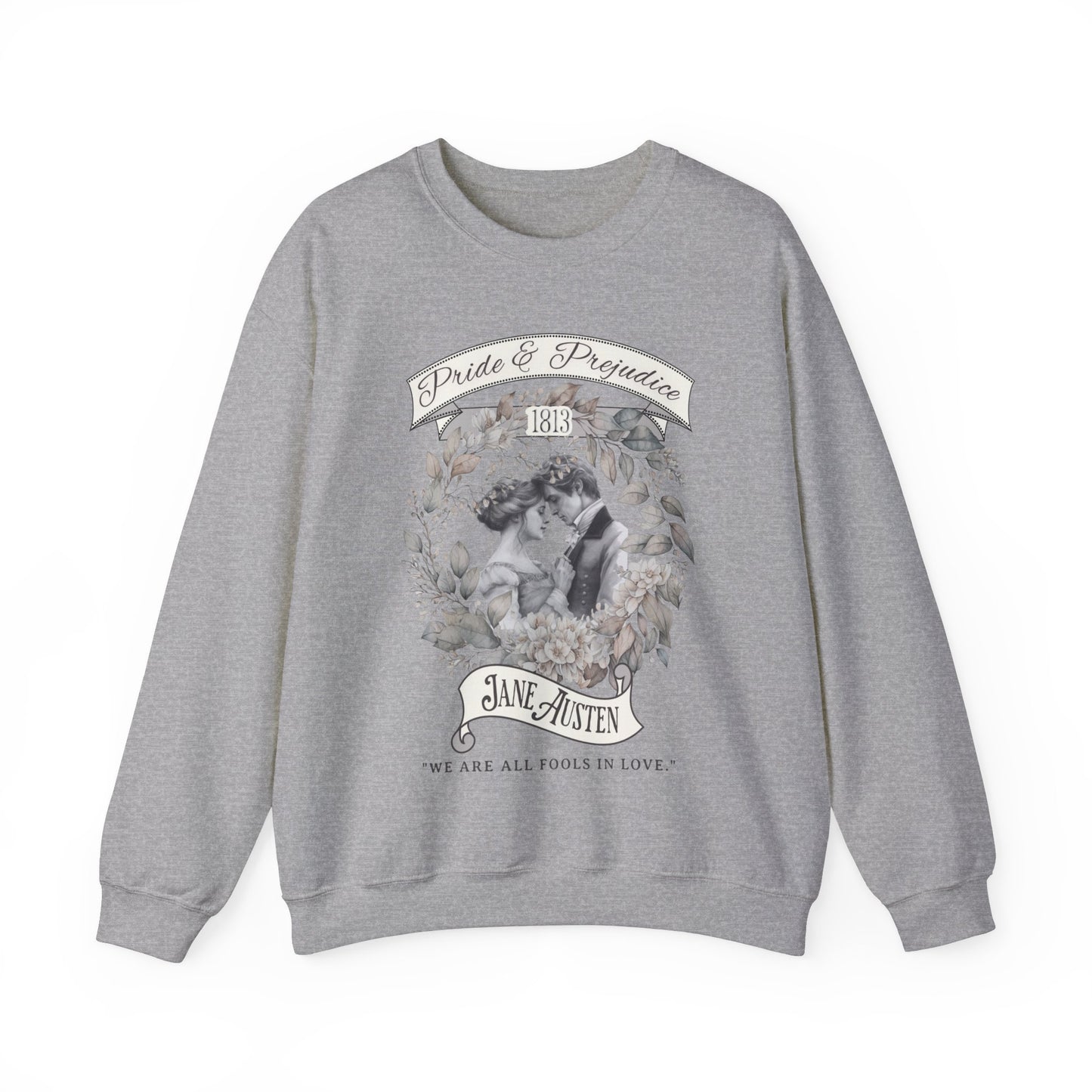 Jane Austen Sweatshirt, Pride & Prejudice Historical Romance Sweater, Bookish Literary Jane Austen Fan Art Gift, Gift for Her, Readers, Sweatshirt Printify S Sport Grey