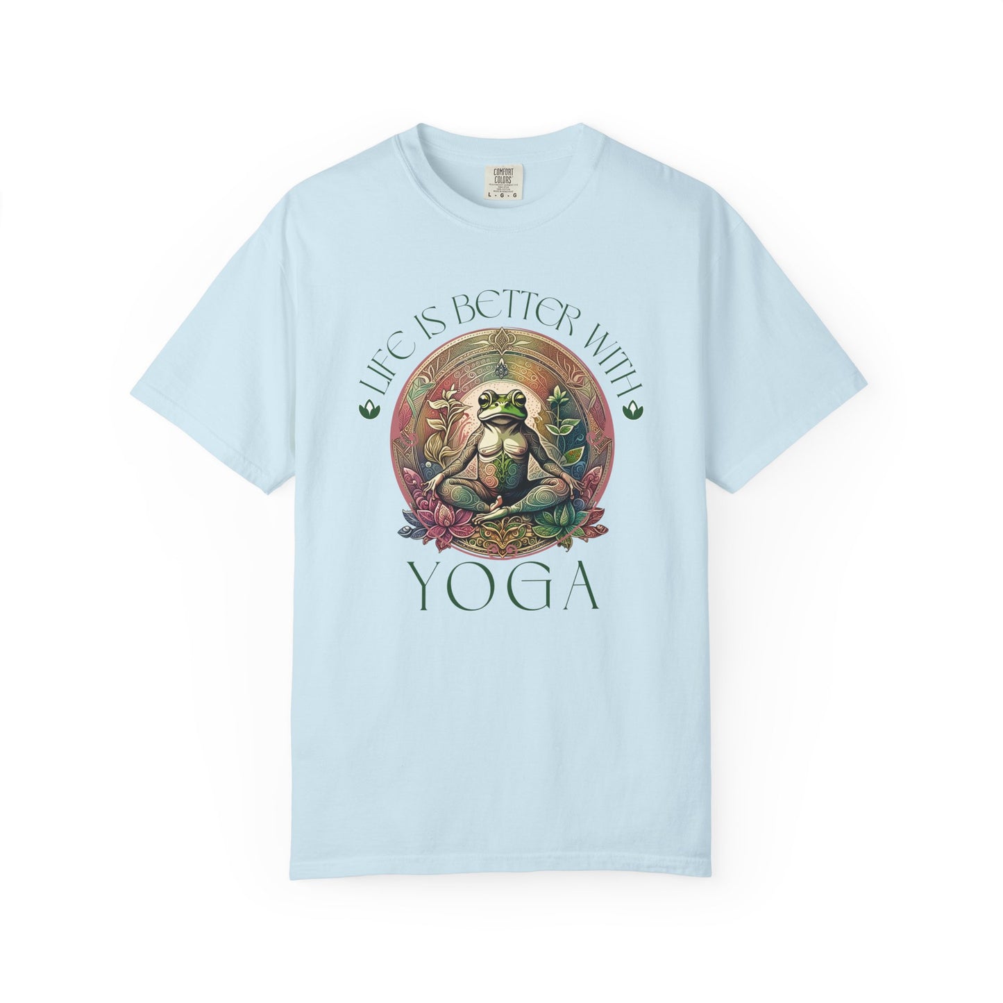 Green Yoga Frog Life Is Better With Yoga Unisex T-Shirt, Casual Wear, Highlander Fan Gift, T-Shirt Printify Chambray S