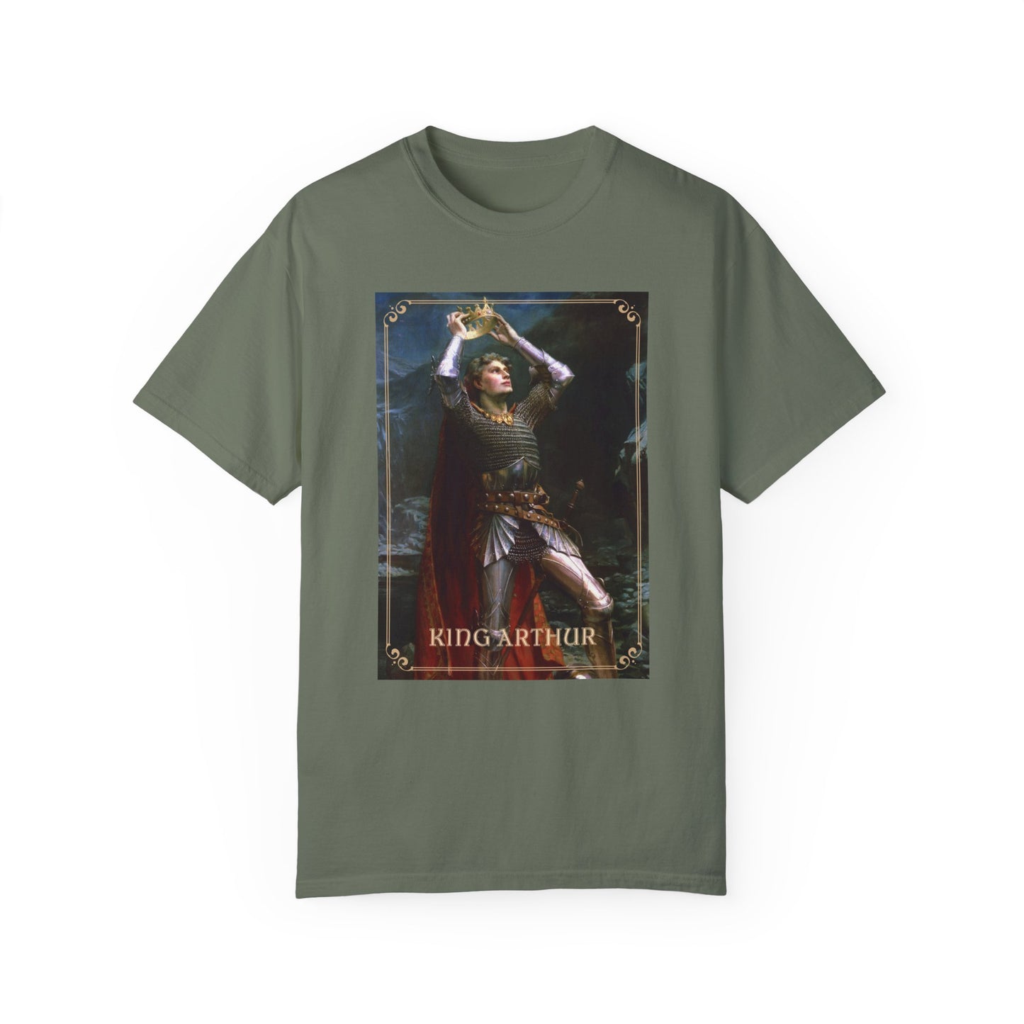 King Arthur Art Print T-shirt Mythical Tale Tee Comfortable Renfaire Medieval Festival Shirt Gift for Gamers Fantasy Lover Cosplay TShirt T-Shirt Printify Moss S