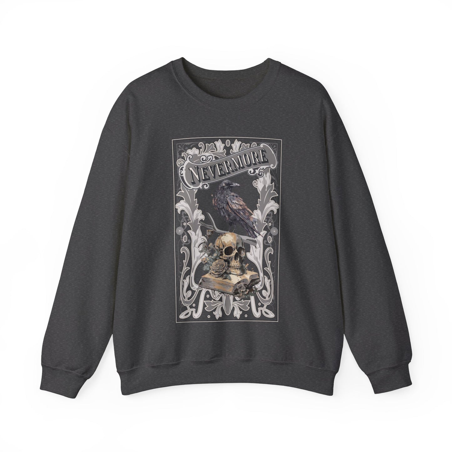 Edgar Allan Poe, Nevermore The Raven Sweatshirt, Book Lover, Halloween, Haunting Gothic Gift, Light, Dark Academia, Horror Movie Sweater Sweatshirt Printify S Dark Heather