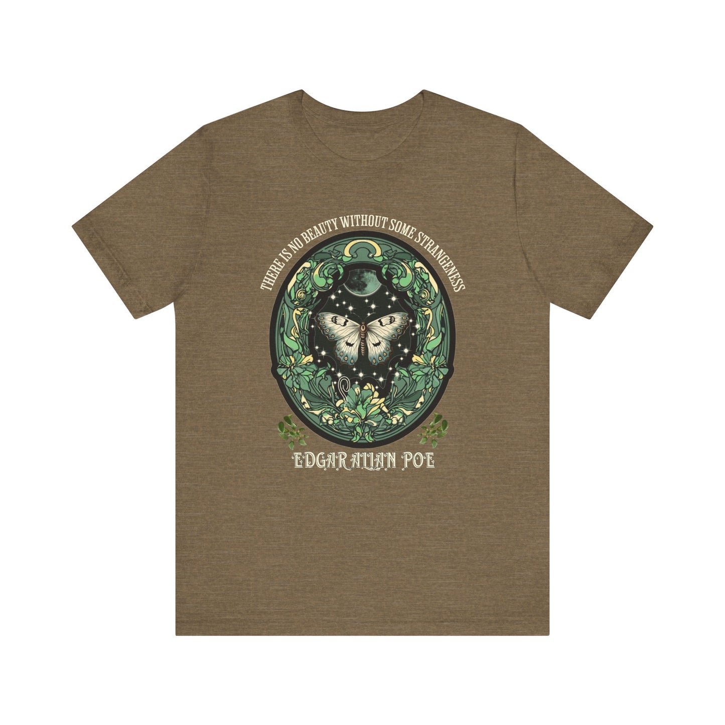 Edgar Allan Poe, Fairycore Night Garden T-Shirt, Book Lover Tee, Haunting Gothic Gift, Light, Dark Academia, Literary Poetry Bookclub Shirt T-Shirt Printify Heather Olive S