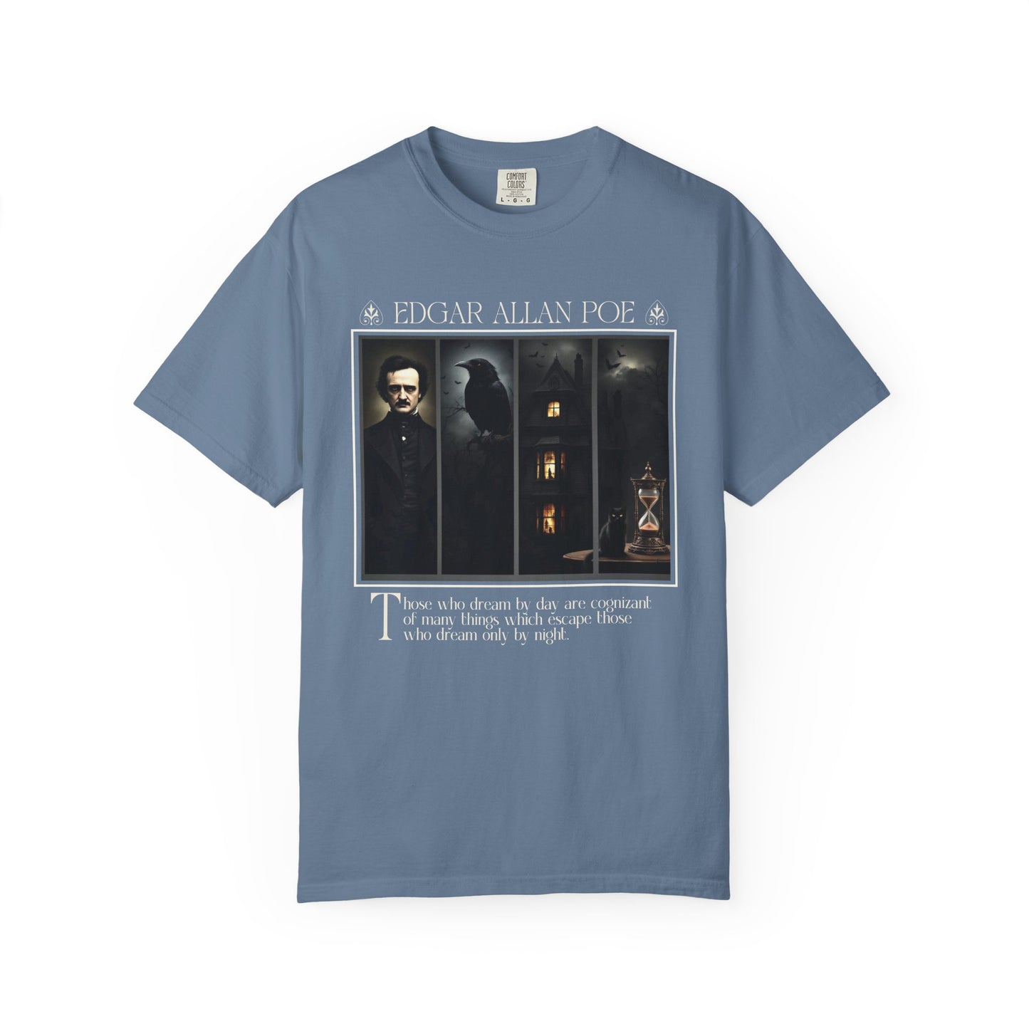 Edgar Allan Poe T-Shirt Gothic Graphic Tee The Raven Nevermore Quote Horror Literature Shirt Dark Academia Aesthetic Halloween Party Gift T-Shirt Printify Blue Jean S