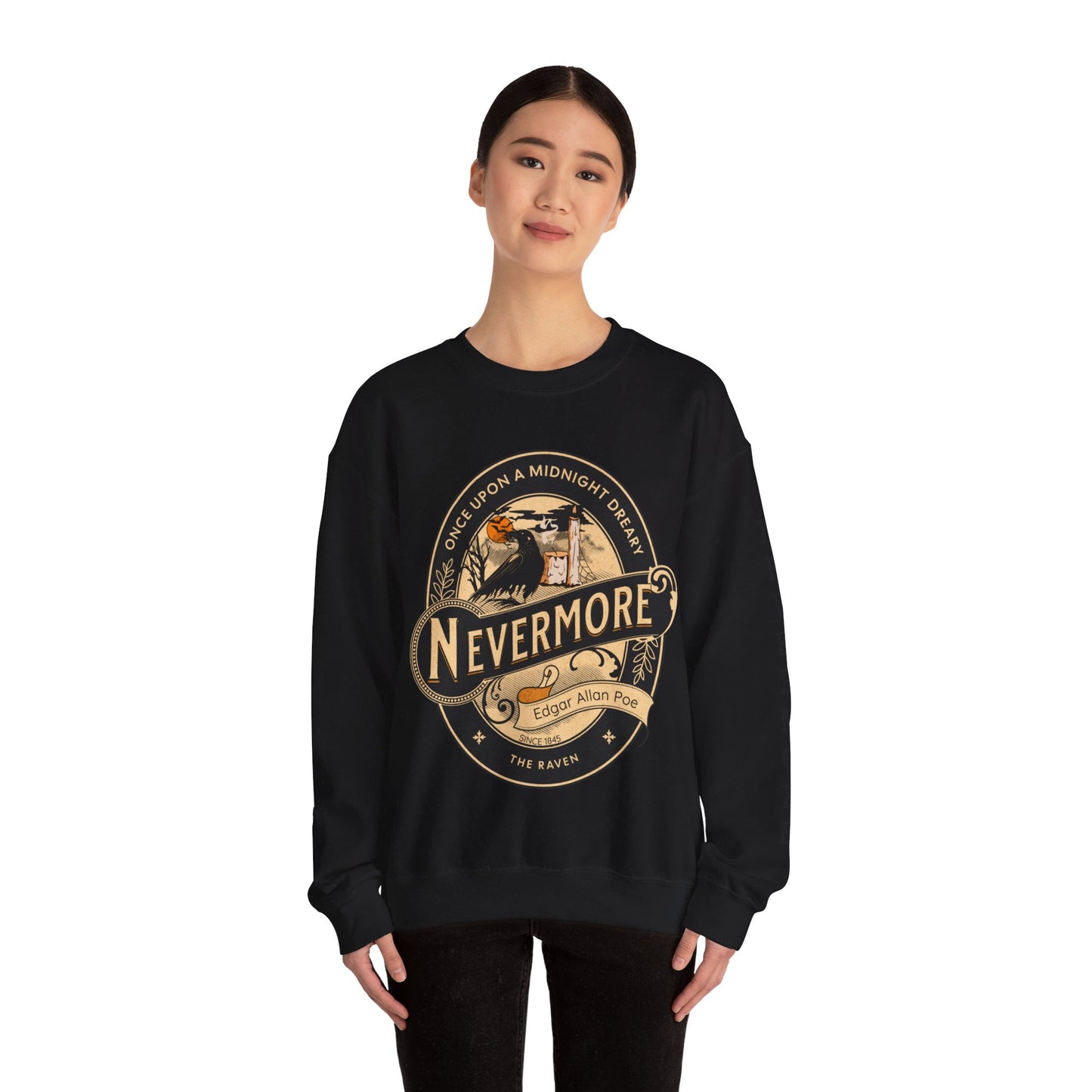 Edgar Allan Poe, Sleeve Print Nevermore The Raven Sweatshirt, Book Lover, Halloween, Haunting Gothic Gift, Light, Dark Academia, Horror Movie Sweater Sweatshirt Printify