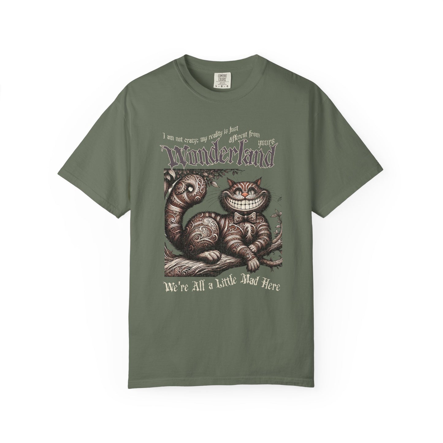 Cheshire Cat Alice in Wonderland TShirt Comfort Colors Oversized T-Shirt Dark Academia Mad Hatter Tea Party Bookish Book Lover Booktok Gift T-Shirt Printify Moss S