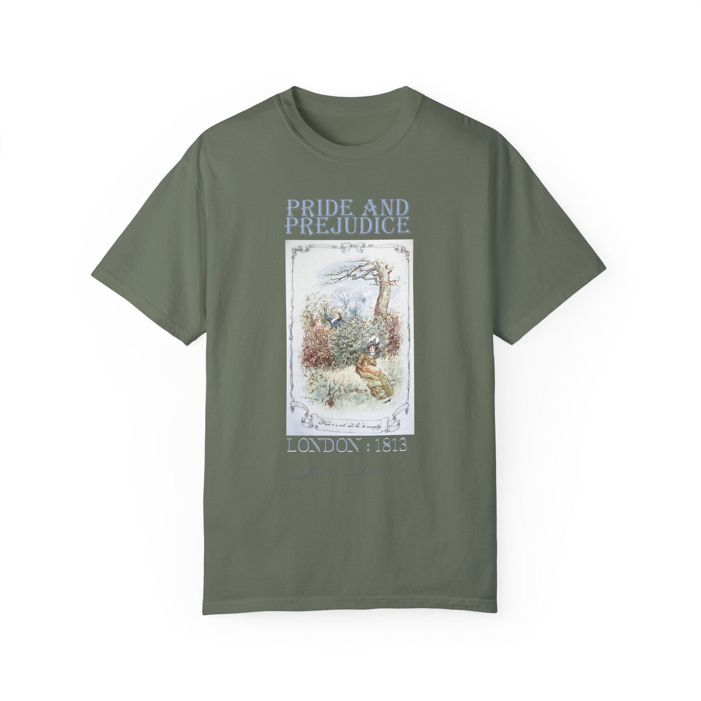 Jane Austen Comfort Colors TShirt, Pride & Prejudice Historical Romance, Bookish Literary Jane Austen Fan Art Gift for Her Bookclub Tee T-Shirt Printify Moss S
