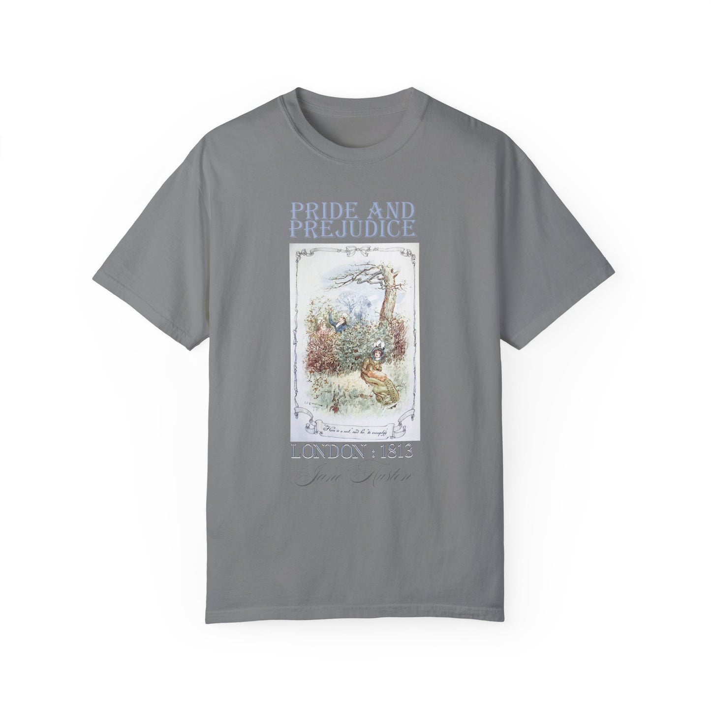 Jane Austen Comfort Colors TShirt, Pride & Prejudice Historical Romance, Bookish Literary Jane Austen Fan Art Gift for Her Bookclub Tee T-Shirt Printify Grey S
