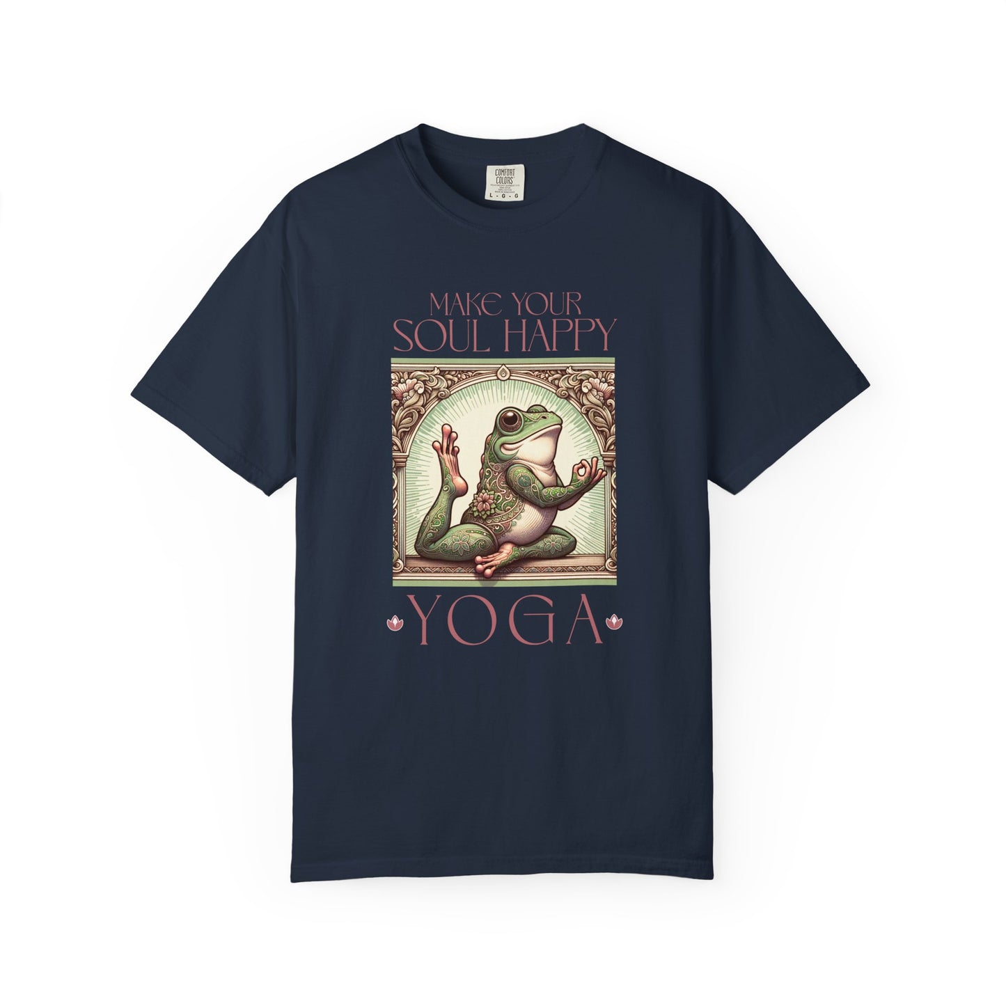 Yoga Frog Make Your Soul Happy Pink Unisex T-Shirt, Casual Wear, Highlander Fan Gift, Comfortable Graphic Tee T-Shirt Printify Navy S