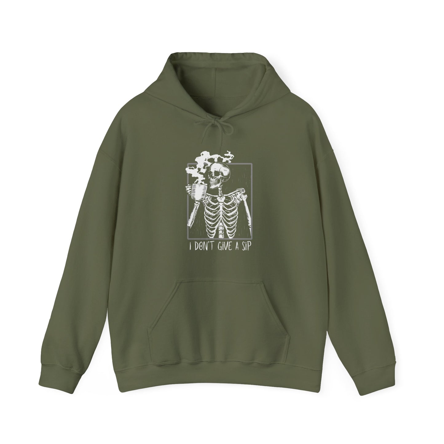 Halloween Skeleton Hoodie, Funny Coffee Drinking Skeleton, Spooky Season Sweater, Trick or Treating Shirt, Warm Halloween Party Hoodie Hoodie Printify Military Green S