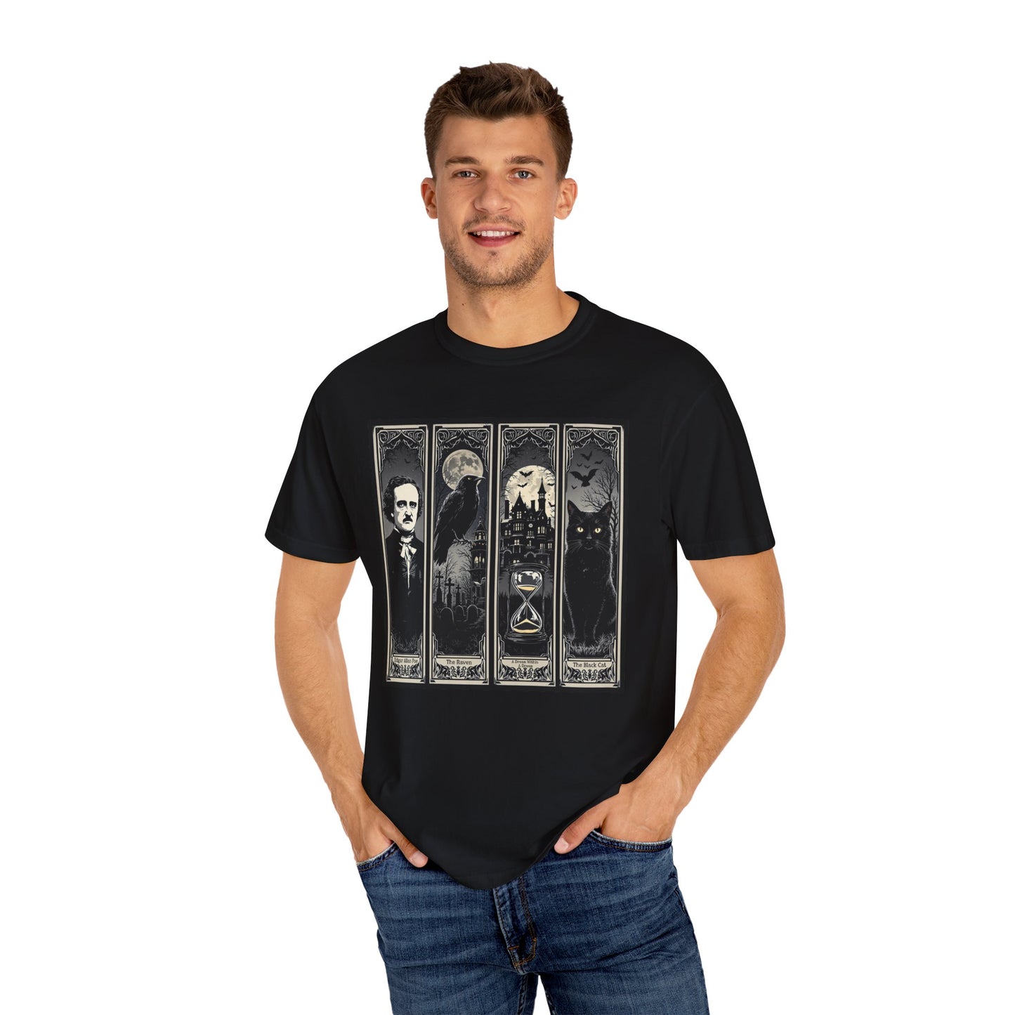 Edgar Allan Poe T-Shirt Gothic Graphic Tee The Raven Nevermore Quote Horror Literature Shirt Dark Academia Aesthetic Halloween Party Gift