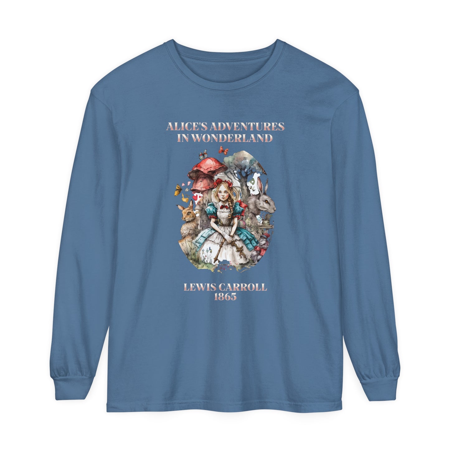 Alice in Wonderland Vintage Long Sleeve Shirt, Lewis Carroll Dark Academia TShirt, Mad Hatter Tea Party Queen of Hearts Bookish Booktok Gift Long-sleeve Printify Blue Jean S